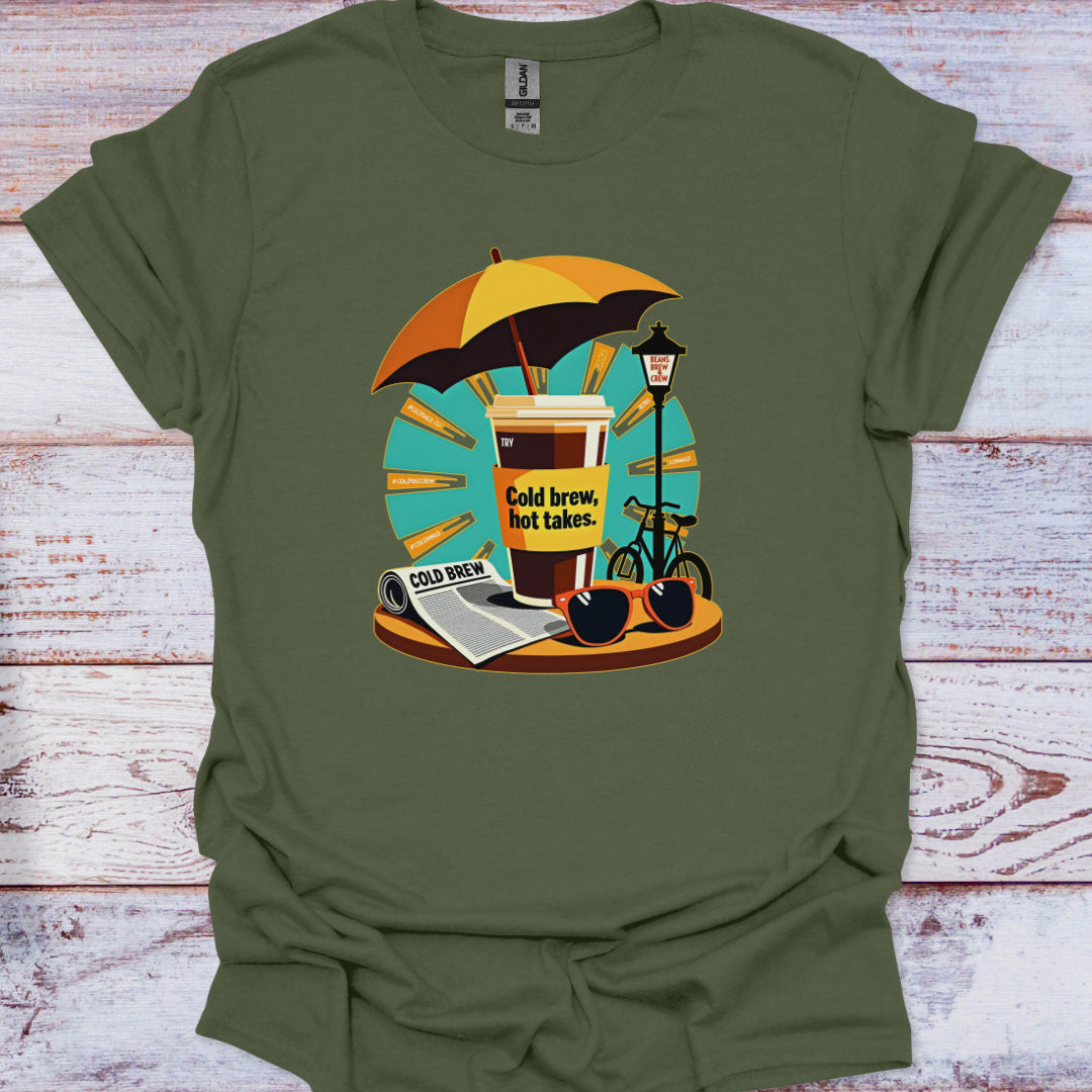 Green t-shirt with a graphic design of a coffee cup, umbrella, and bicycle on a wooden surface.