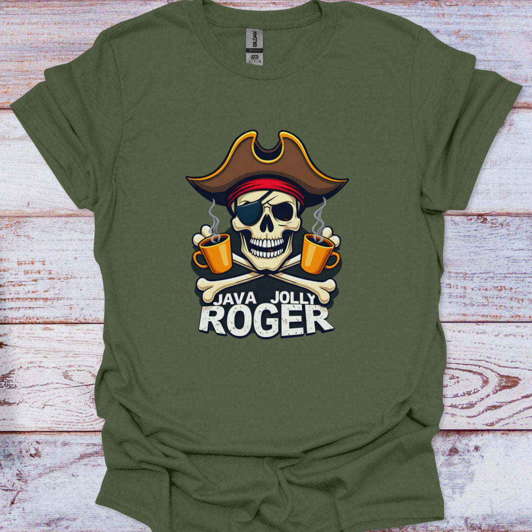 Green t-shirt with a pirate-themed design featuring a skull and coffee cups on a wooden surface.