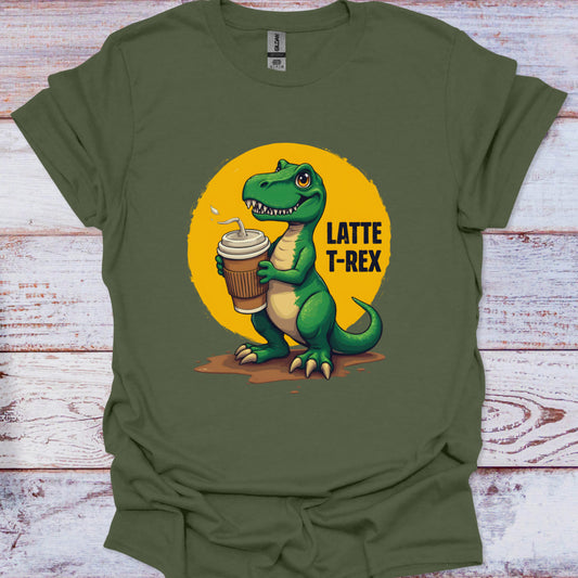 Green t-shirt with a cartoon dinosaur holding a coffee cup on a wooden surface