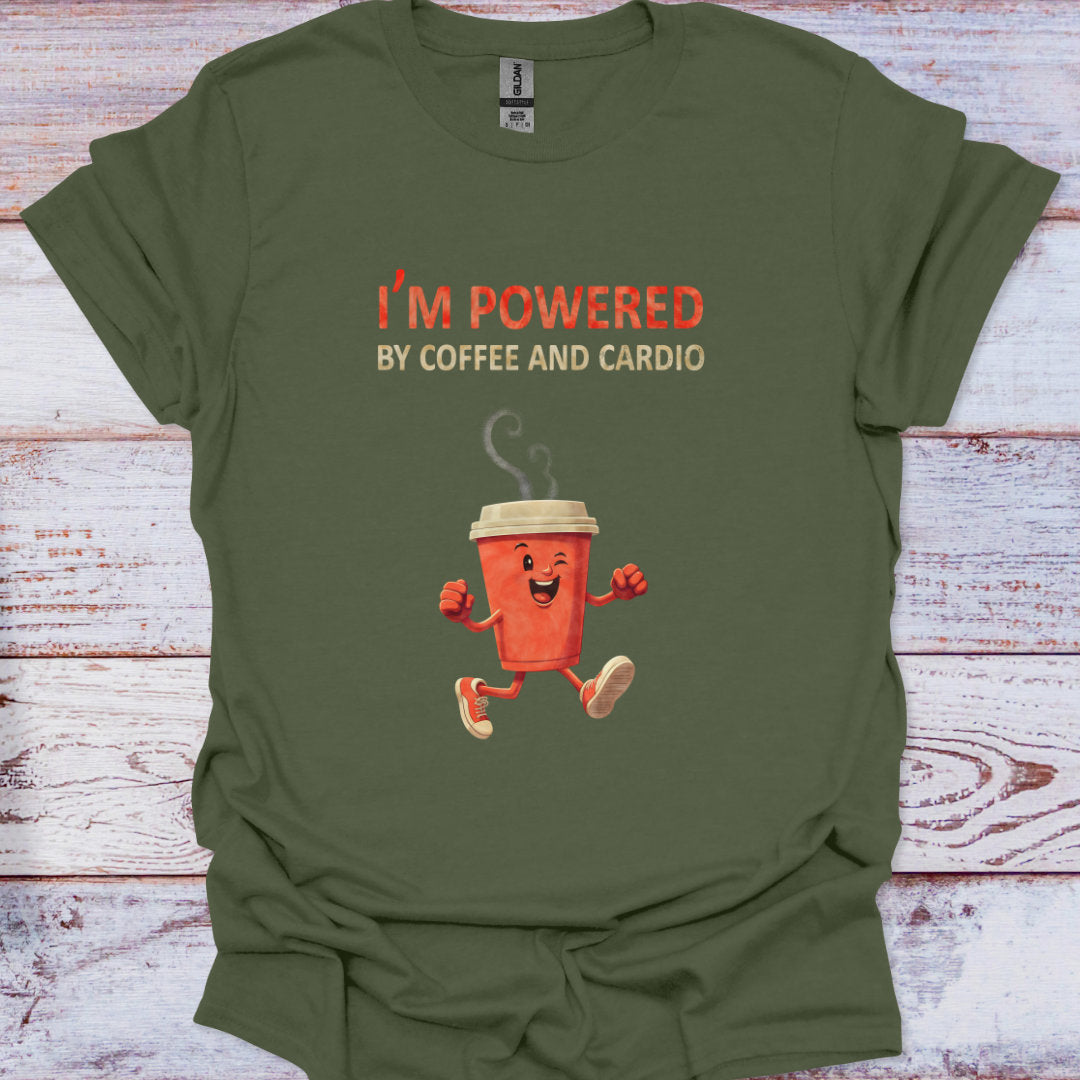 Green t-shirt with a cartoon coffee cup and text 'I'm powered by coffee and cardio' on a wooden surface.