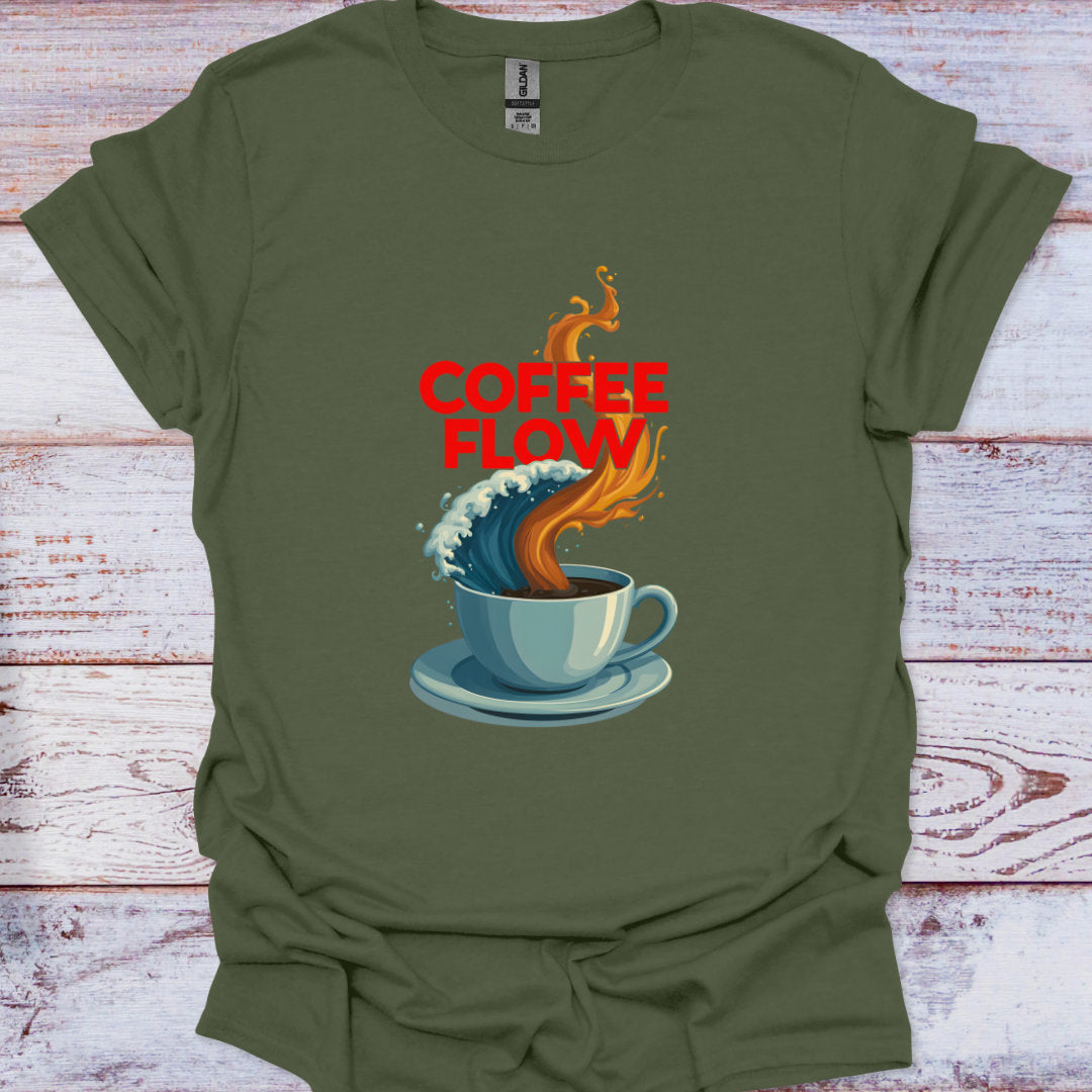 Green t-shirt with 'Coffee Flow' graphic design on a wooden surface