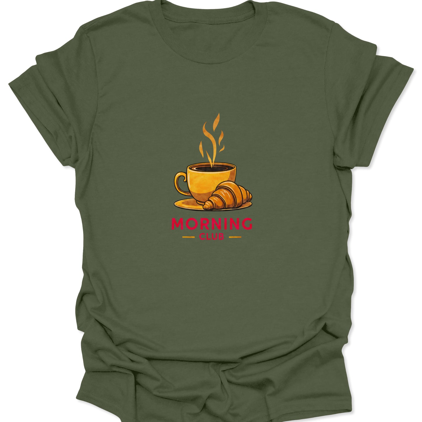 Military green t-shirt with a striking orange and yellow coffee cup and croissant design with 'MORNING CLUB' in bold red font.
