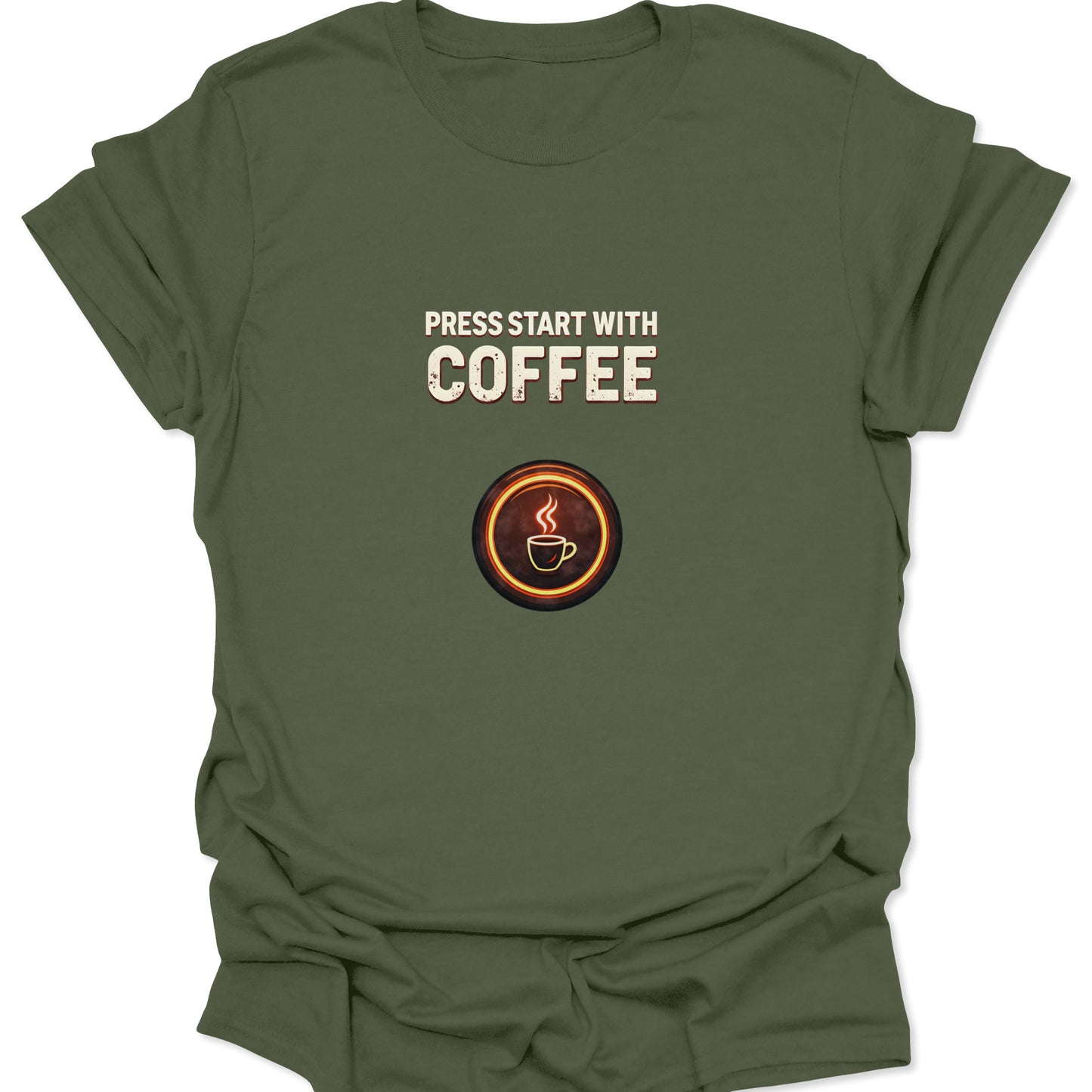 Military Green, utility-style t-shirt with a high-energy graphic, perfect for pre-workout or mission briefing, featuring a glowing coffee cup power icon.