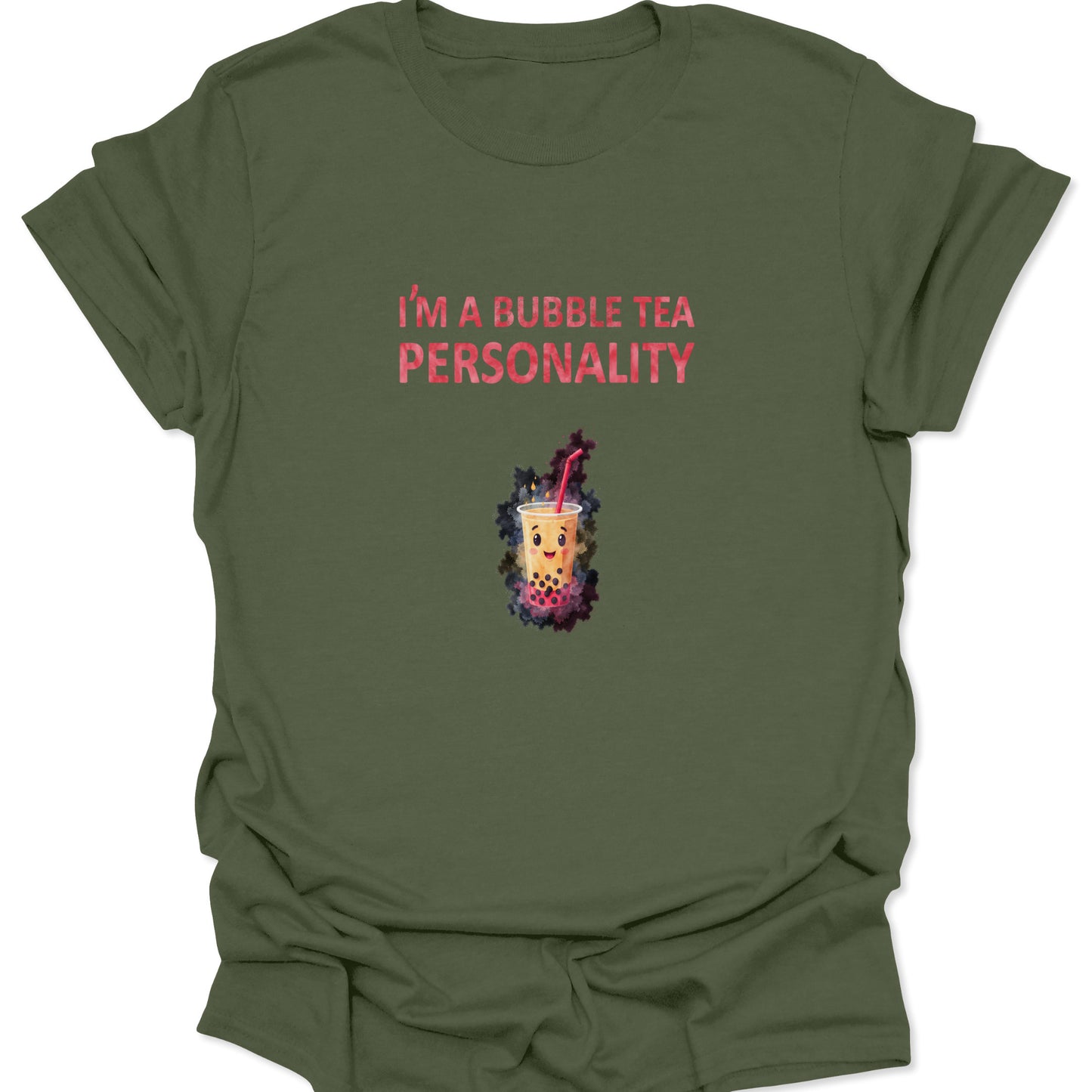 Military Green t-shirt featuring a funny boba tea quote and Japanese aesthetic graphic art.
