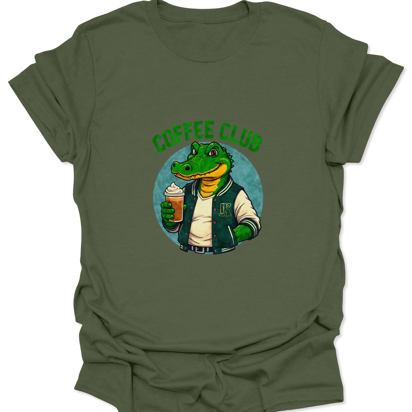 Military green t-shirt with a circular graphic of an anthropomorphic alligator mascot drinking iced coffee, stylized with a "Coffee Club" logo.