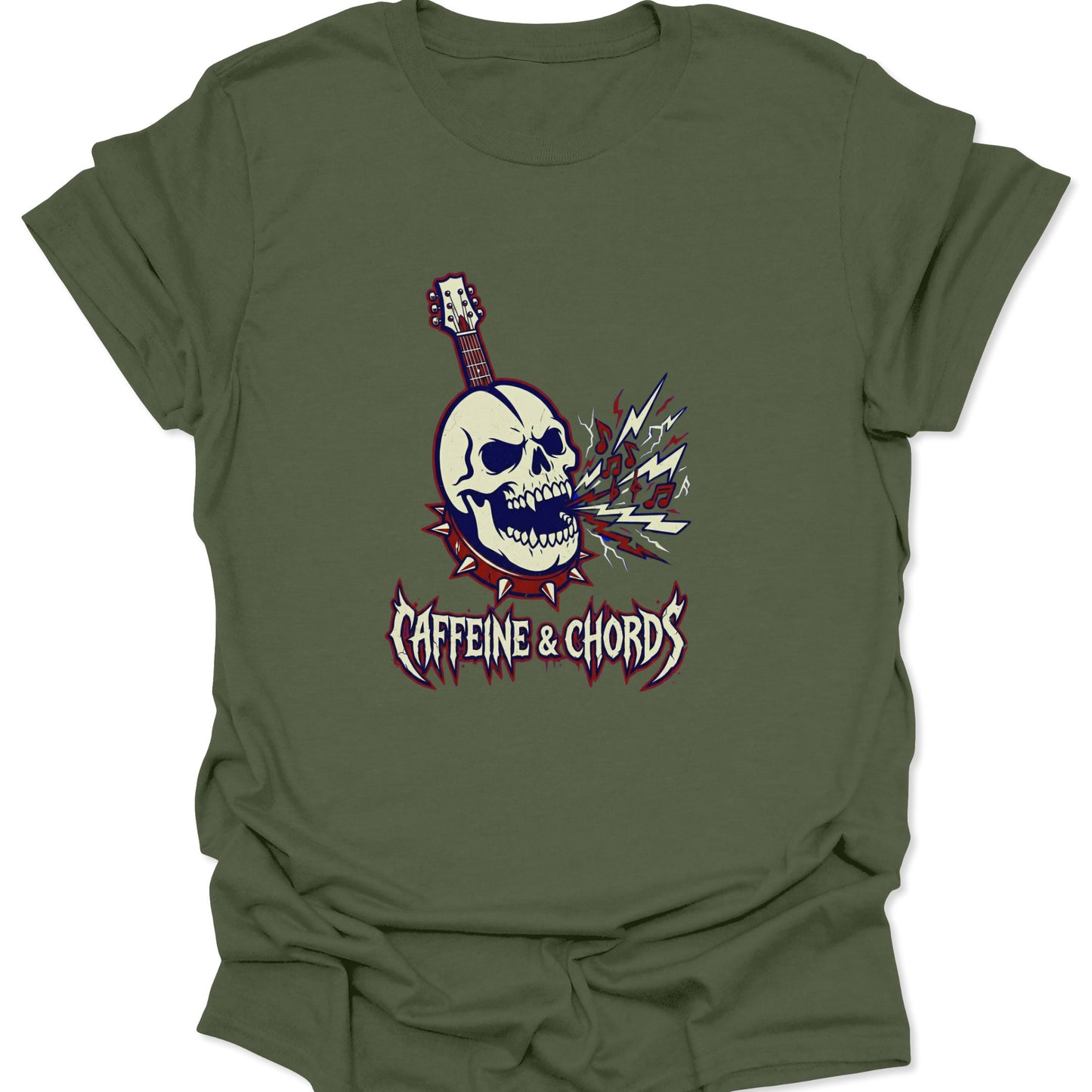 A military green t-shirt with a "Caffeine & Chords" skull graphic and spiked collar detail.