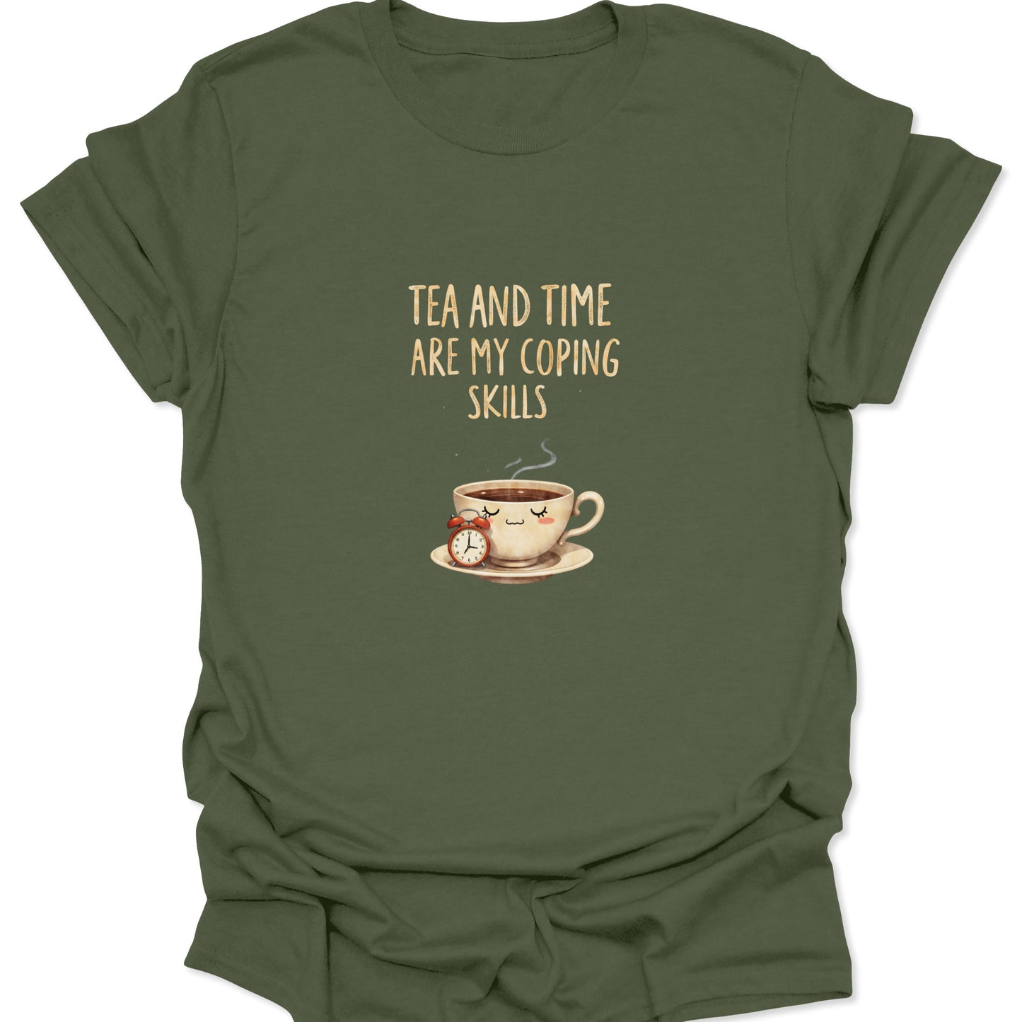 Military Green t-shirt with whimsical watercolor tea cup art and patience-themed slogan.