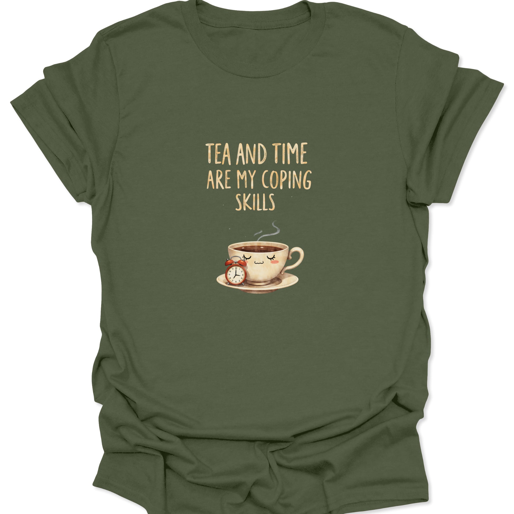 Military Green t-shirt with whimsical watercolor tea cup art and patience-themed slogan.