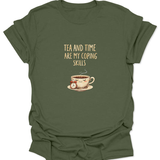 Military Green t-shirt with whimsical watercolor tea cup art and patience-themed slogan.