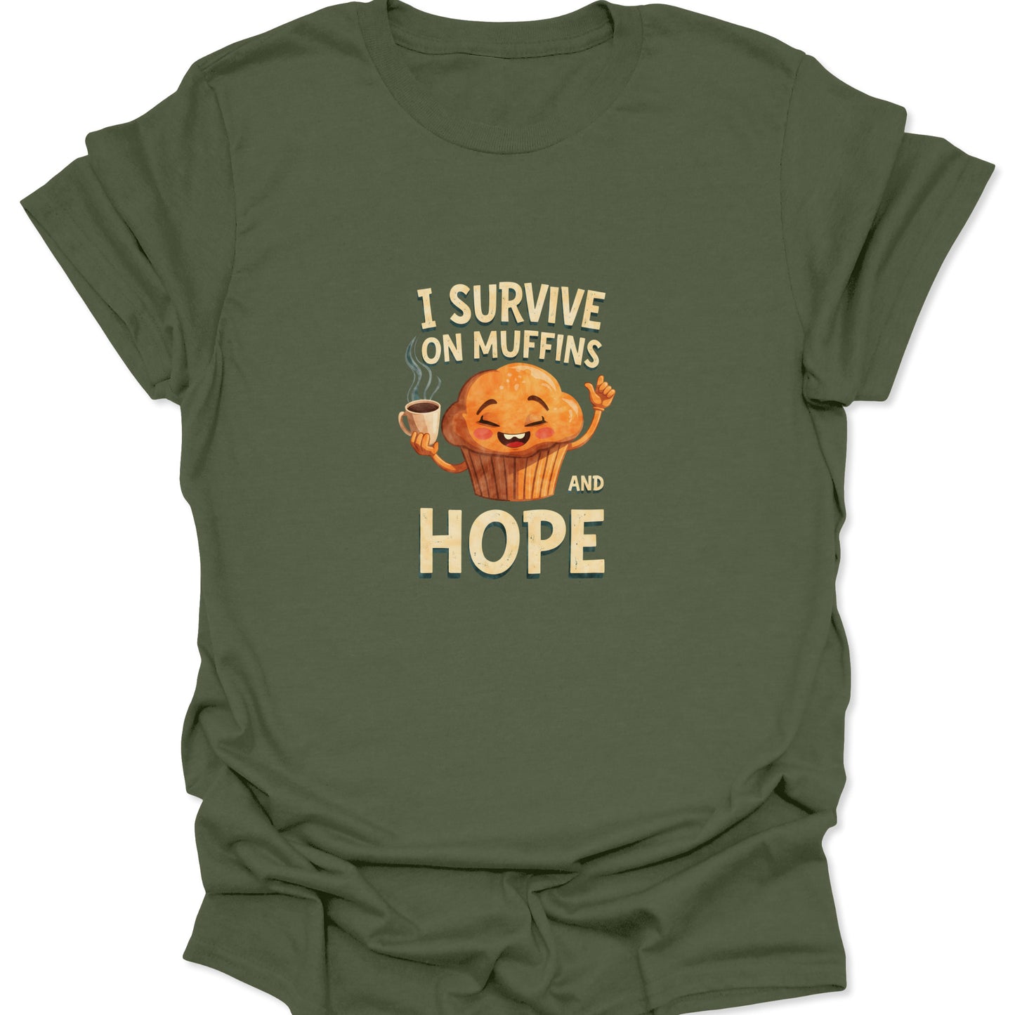 Military Green t-shirt with a humorous food graphic of a muffin and coffee survival kit design.

