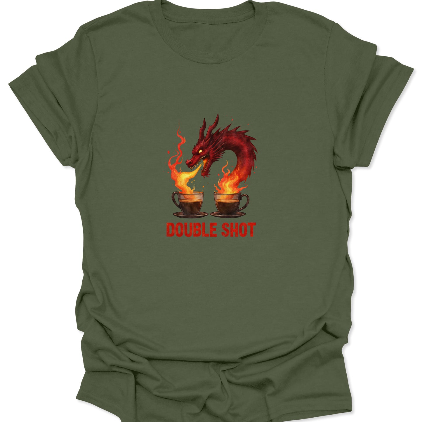 Military green shirt featuring a dramatic dragon breathing fire onto two cups of double shot coffee.