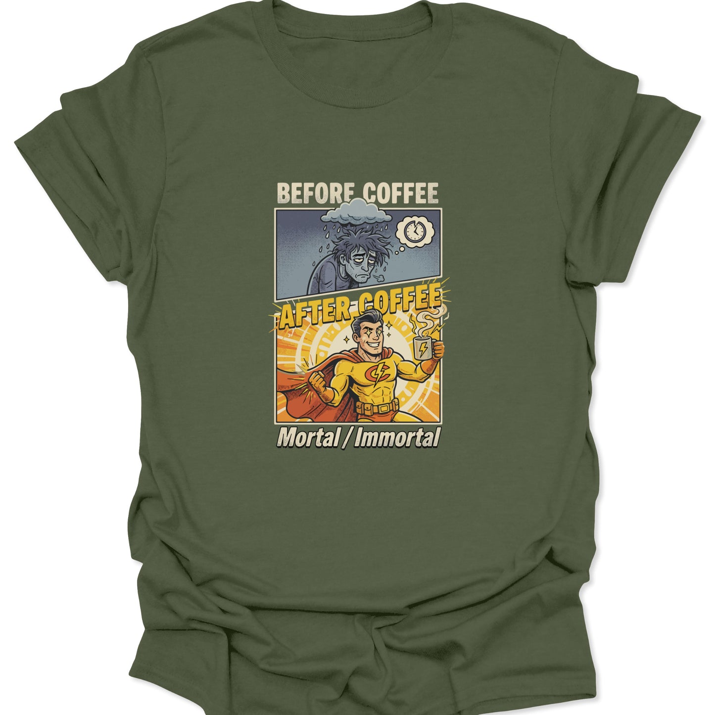 Military green graphic tee featuring the "Before Coffee/After Coffee" comic strip design with bold yellow and red accent colors.