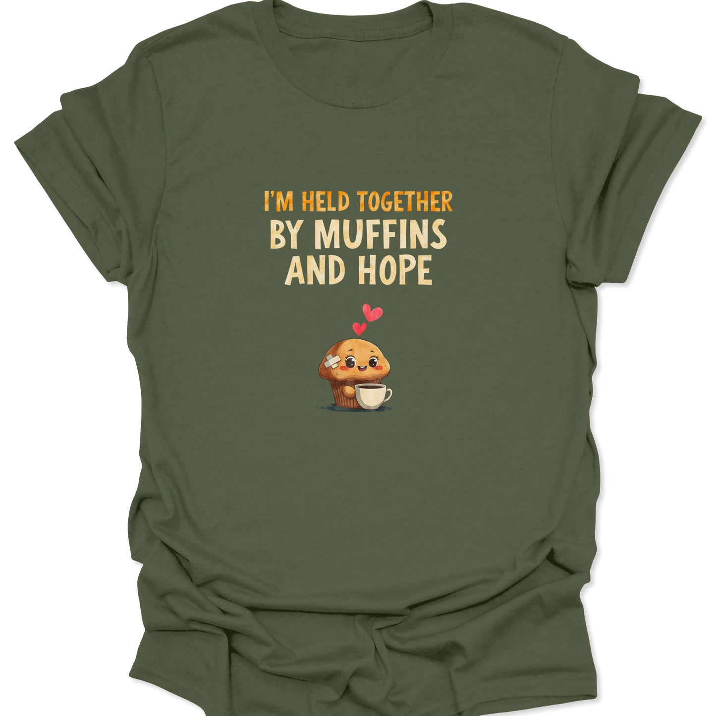Military Green t-shirt featuring whimsical breakfast illustration with coffee and muffins, soft grunge style.