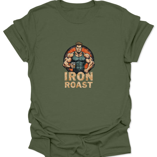 Graphic t-shirt on military green material, displaying a comic book style illustration of a fit man and the wordmark "IRON ROAST" for gym motivation.