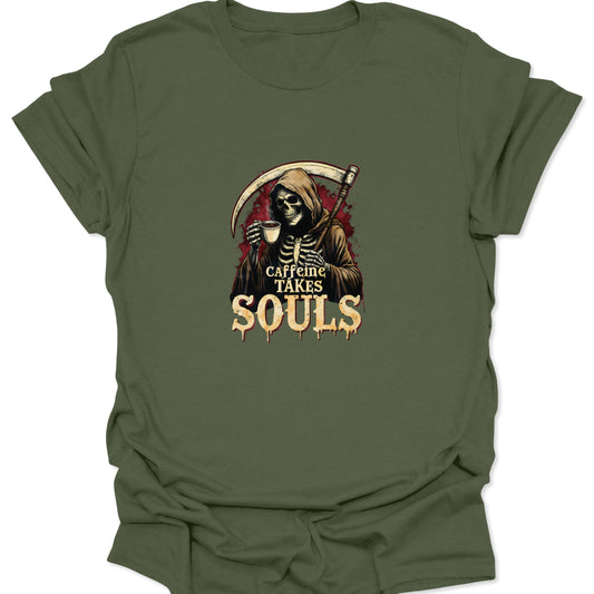 Military green shirt showing the Grim Reaper skull design enjoying a coffee, a funny yet macabre graphic for caffeine addicts.