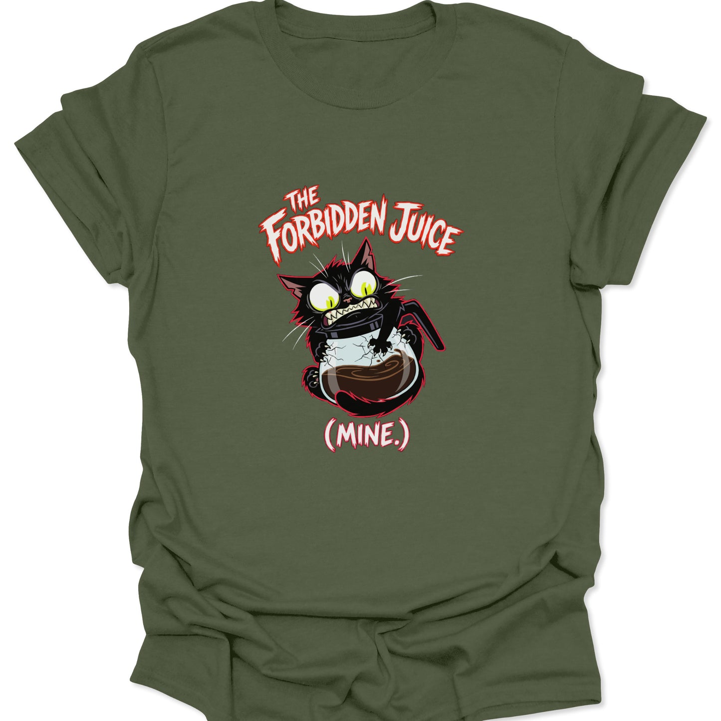 An olive-drab graphic tee featuring a feral black cat clutching a glass coffee pot with stylized, aggressive typography.