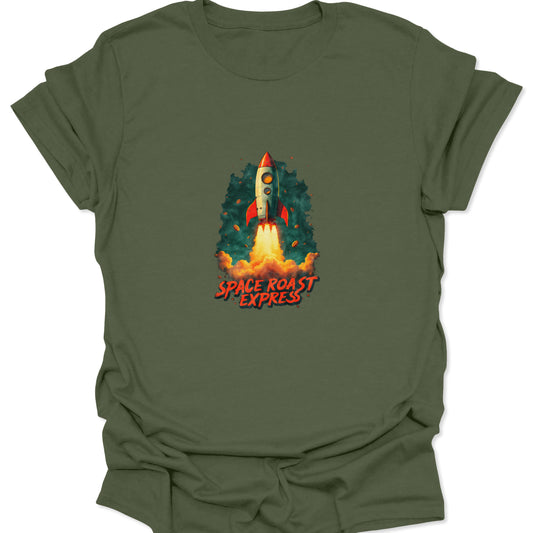 Military green t-shirt displaying a colorful, cinematic graphic of the 'Space Roast Express' rocket during a high-energy launch.