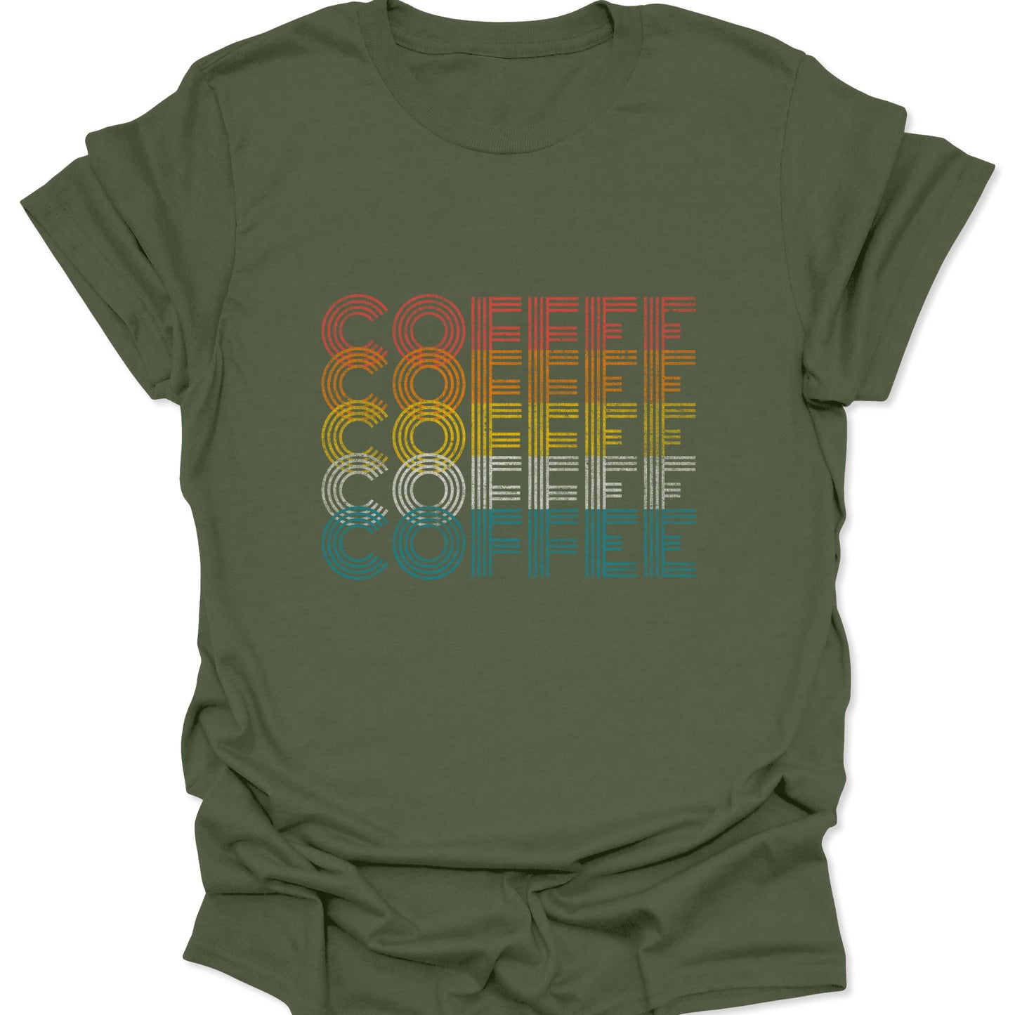 Military Green t-shirt featuring stacked "COFFEE" text in retro linear red, orange, yellow, white, and teal stripes.