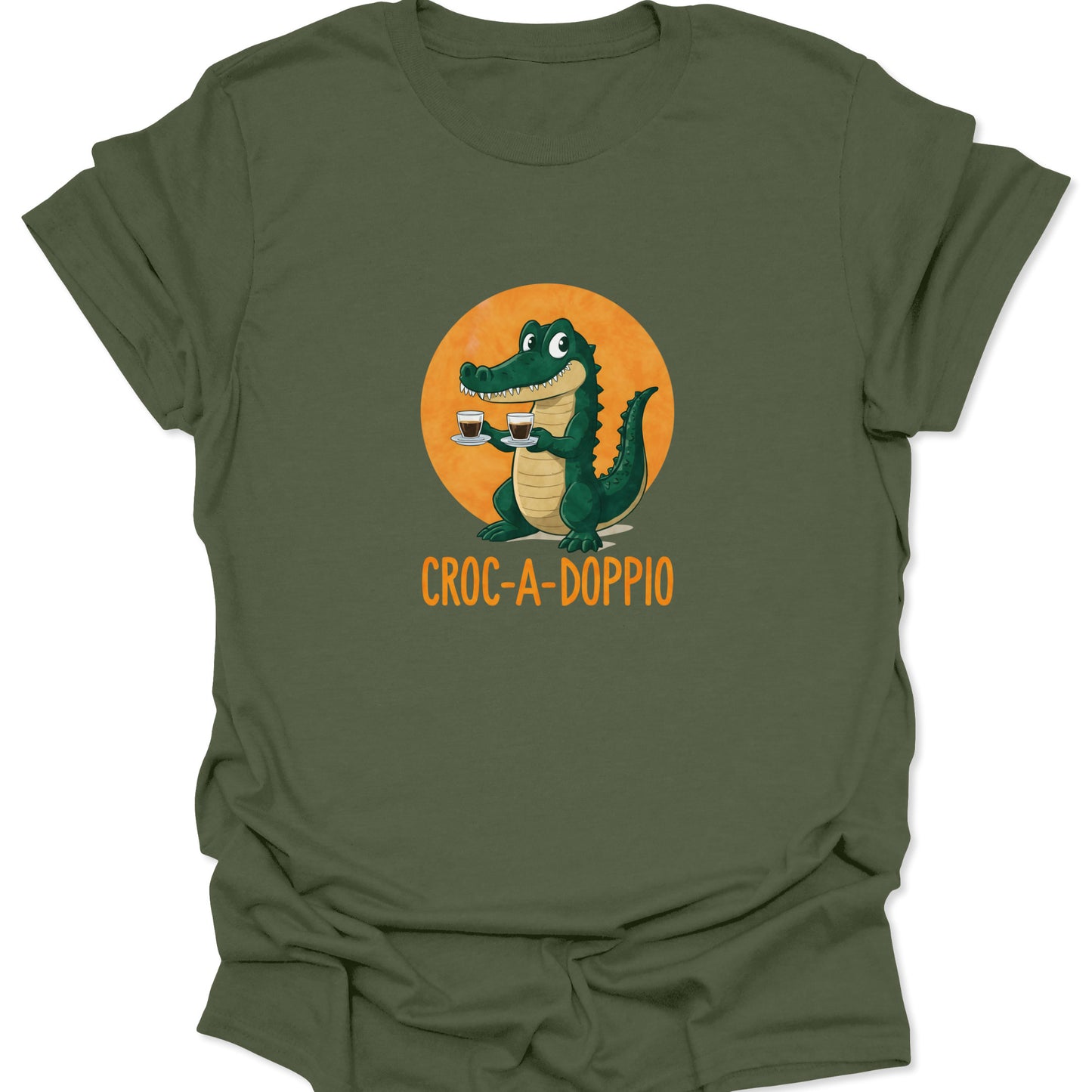 Military green shirt with the witty, high-energy coffee croc graphic, targeting coffee snob and fitness niches.
