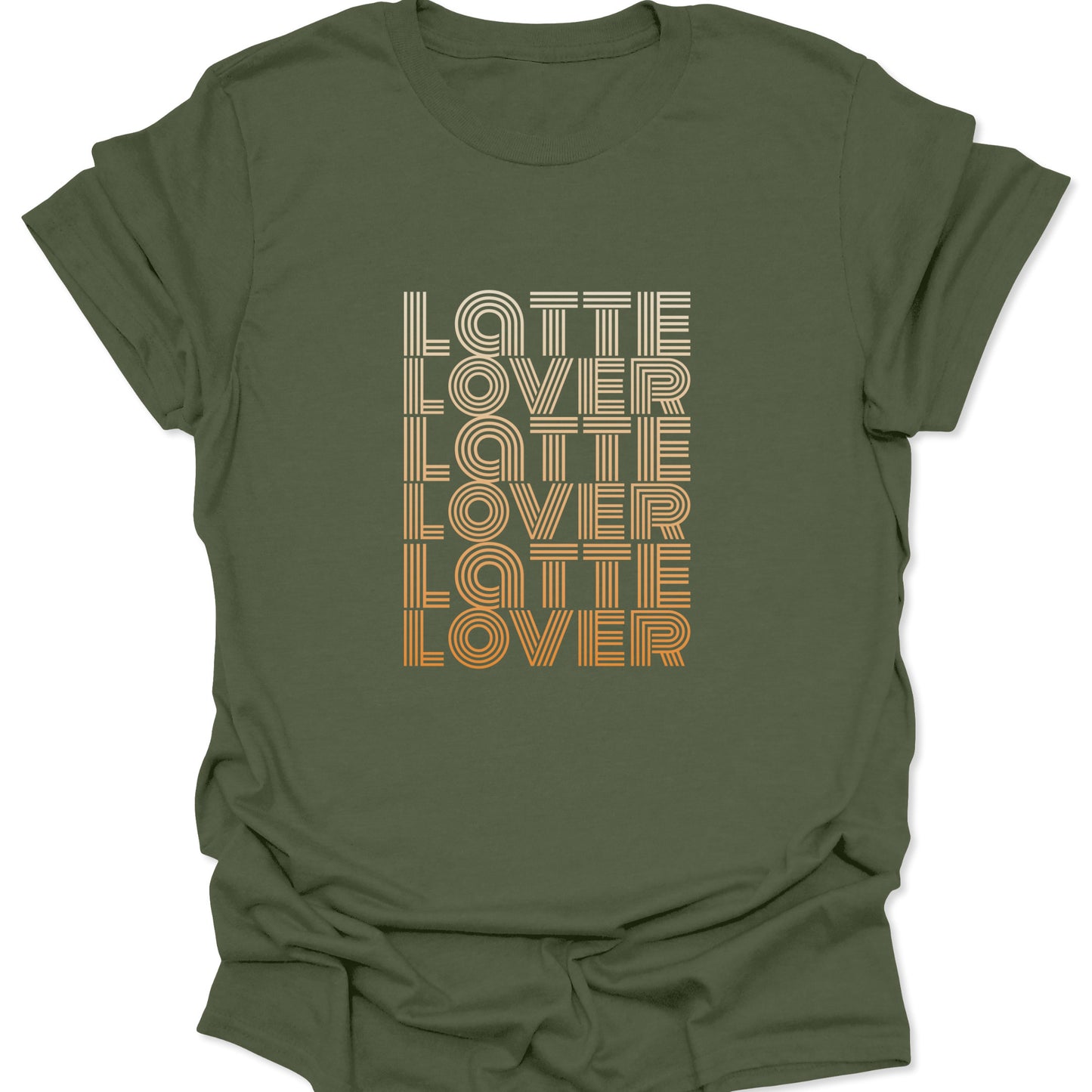 A military green t-shirt featuring a vertical stack of the text "Latte Lover" in a retro, multi-line font with a cream to amber gradient.