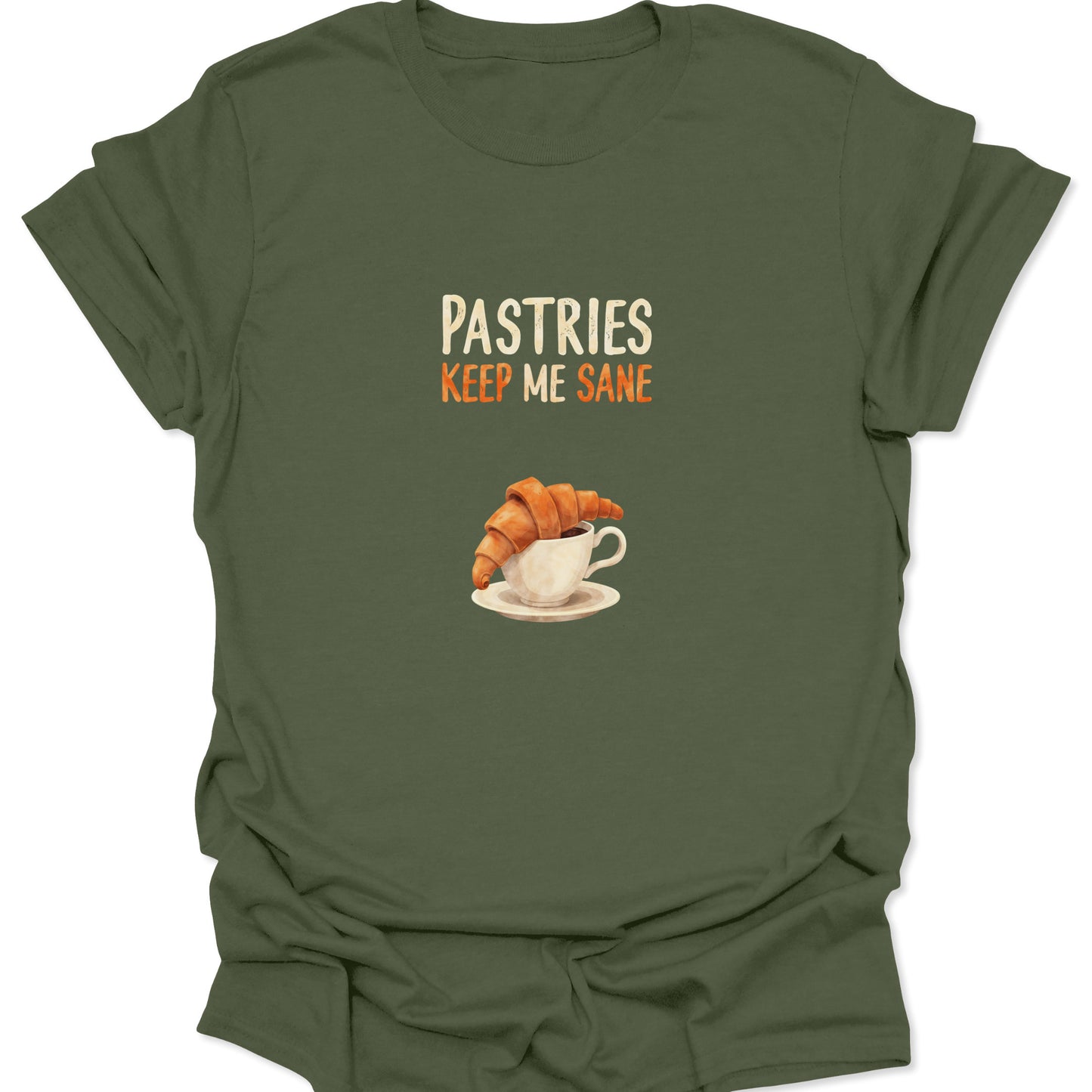 Retro typography and realistic pastry illustration centered on a military green graphic tee.