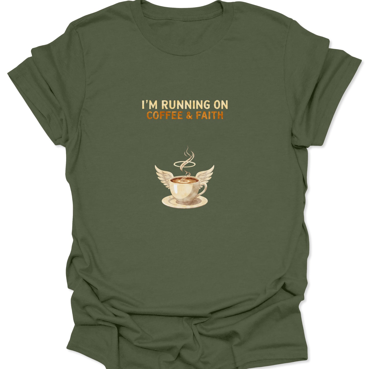 Military Green t-shirt featuring a coffee cup with angel wings and halo, spiritual coffee lover design.
