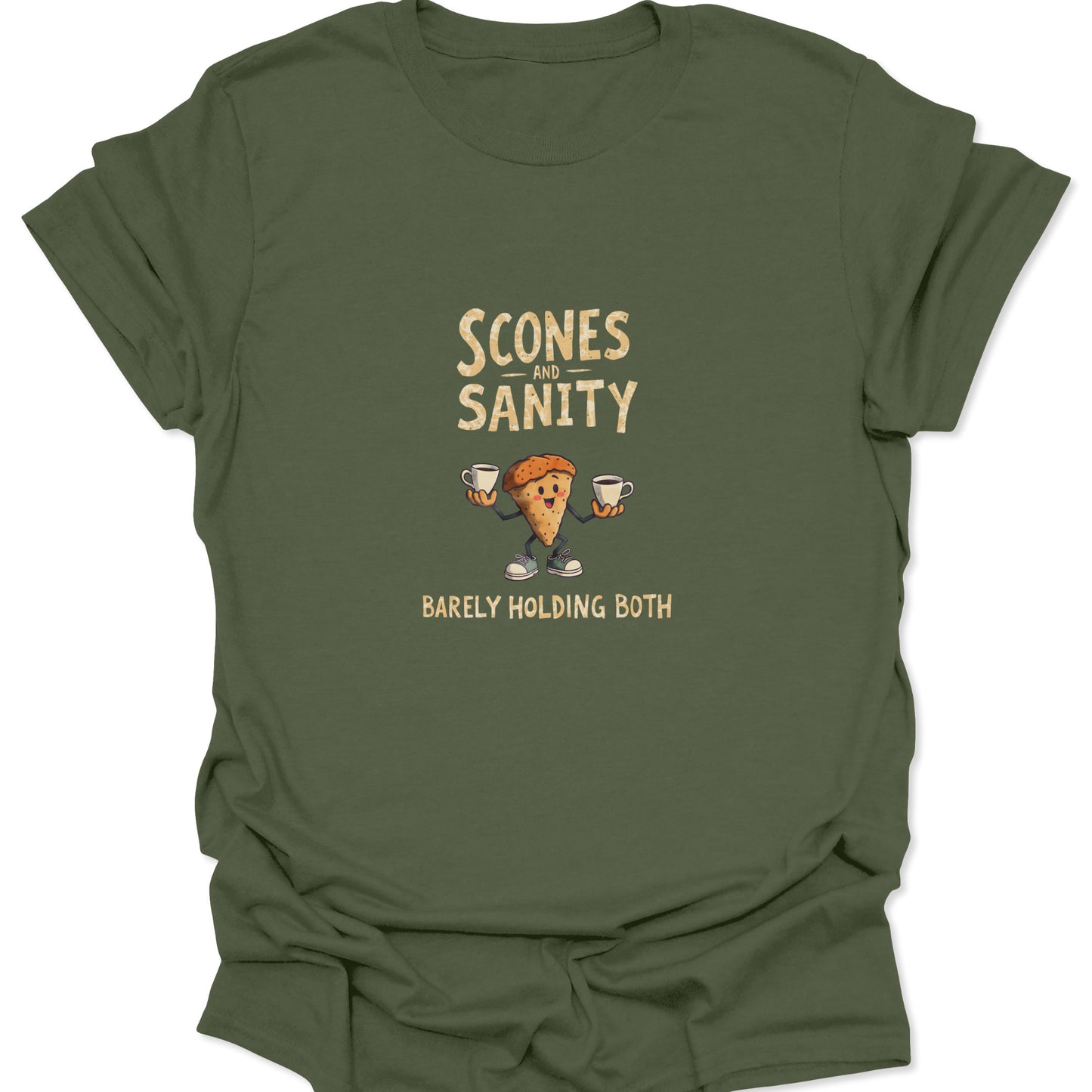 Military Green shirt with retro style Scones and Sanity graphic design for coffee lovers