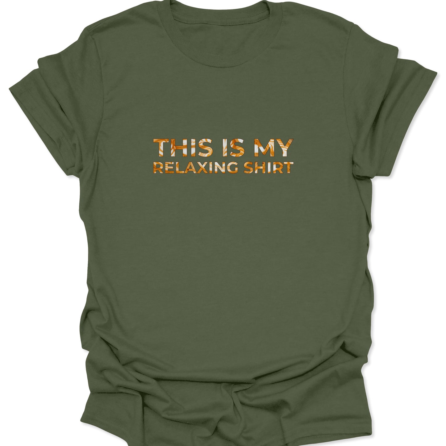 Military green t-shirt displaying a bold text design that says "THIS IS MY RELAXING SHIRT" using a coffee-inspired marble fill.