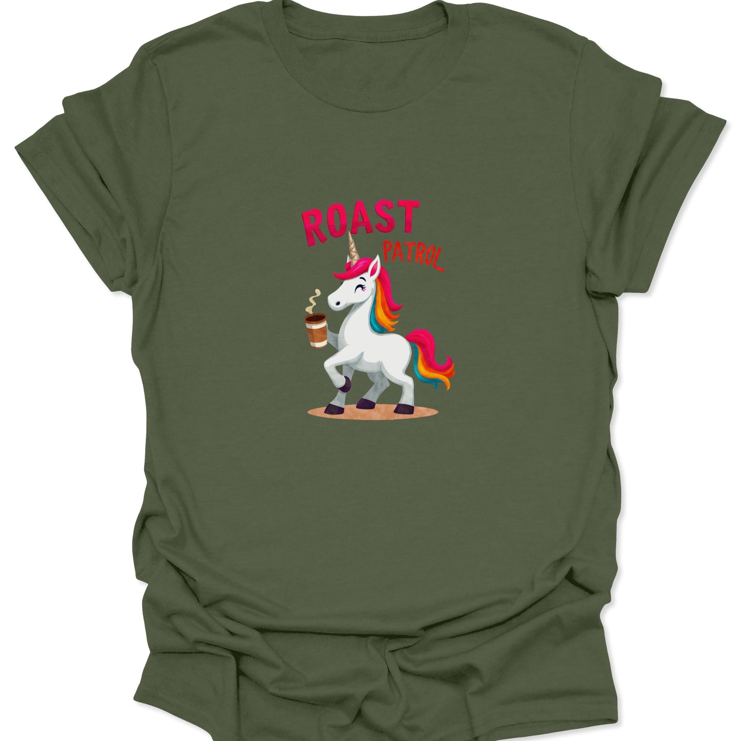 Military green casual t-shirt with the witty "Roast Patrol" unicorn graphic, emphasizing the mythical and humorous design.