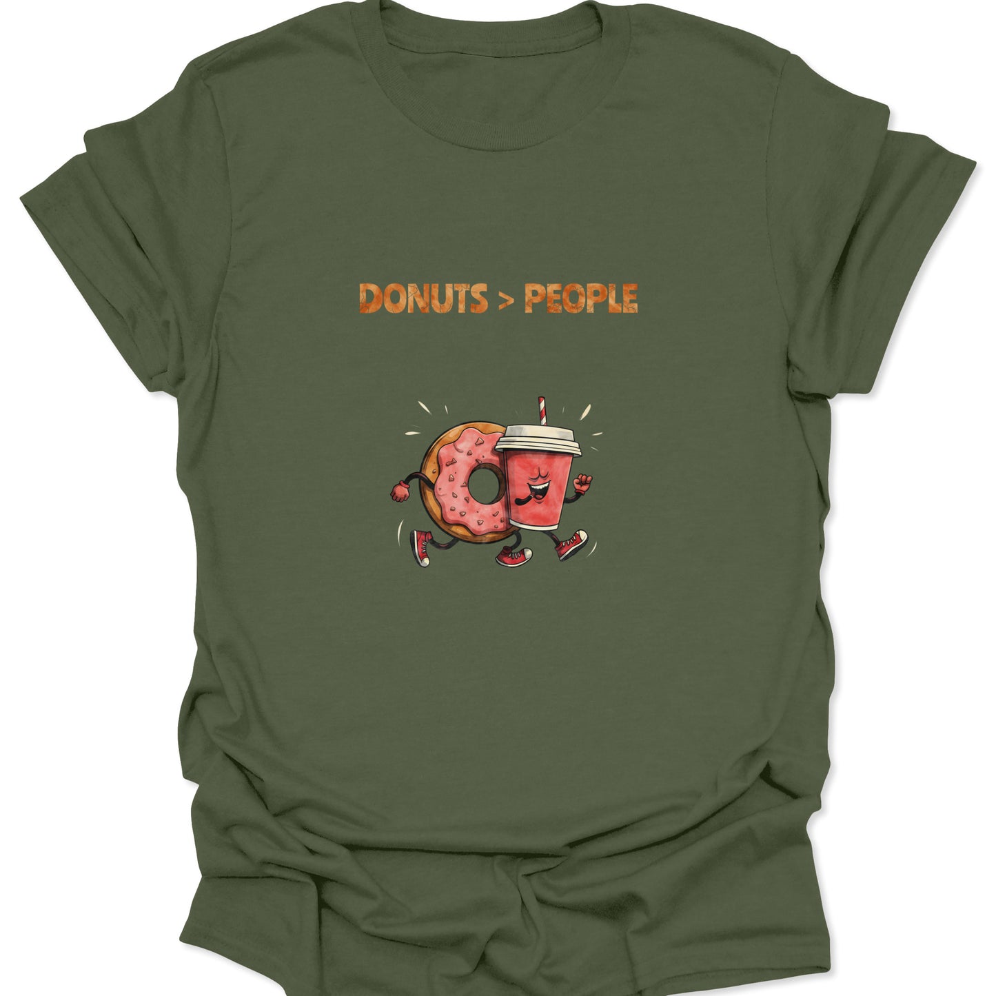 Donuts Greater Than People distressed text with cartoon snacks on a military green t-shirt.