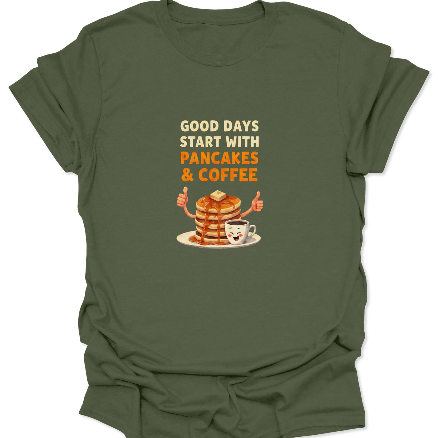 Military green graphic tee, stylized illustration of a syrup-covered pancake stack high-fiving a mug of hot coffee.