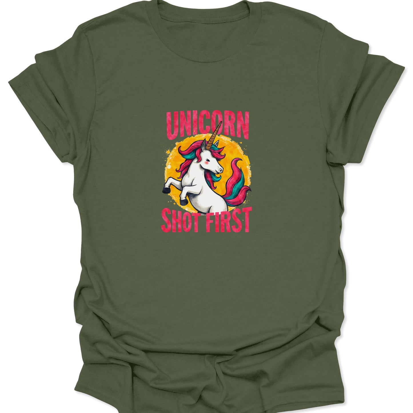 Military green graphic T-shirt, featuring a mythical unicorn and sunburst design with a witty, internet-culture-aware slogan.