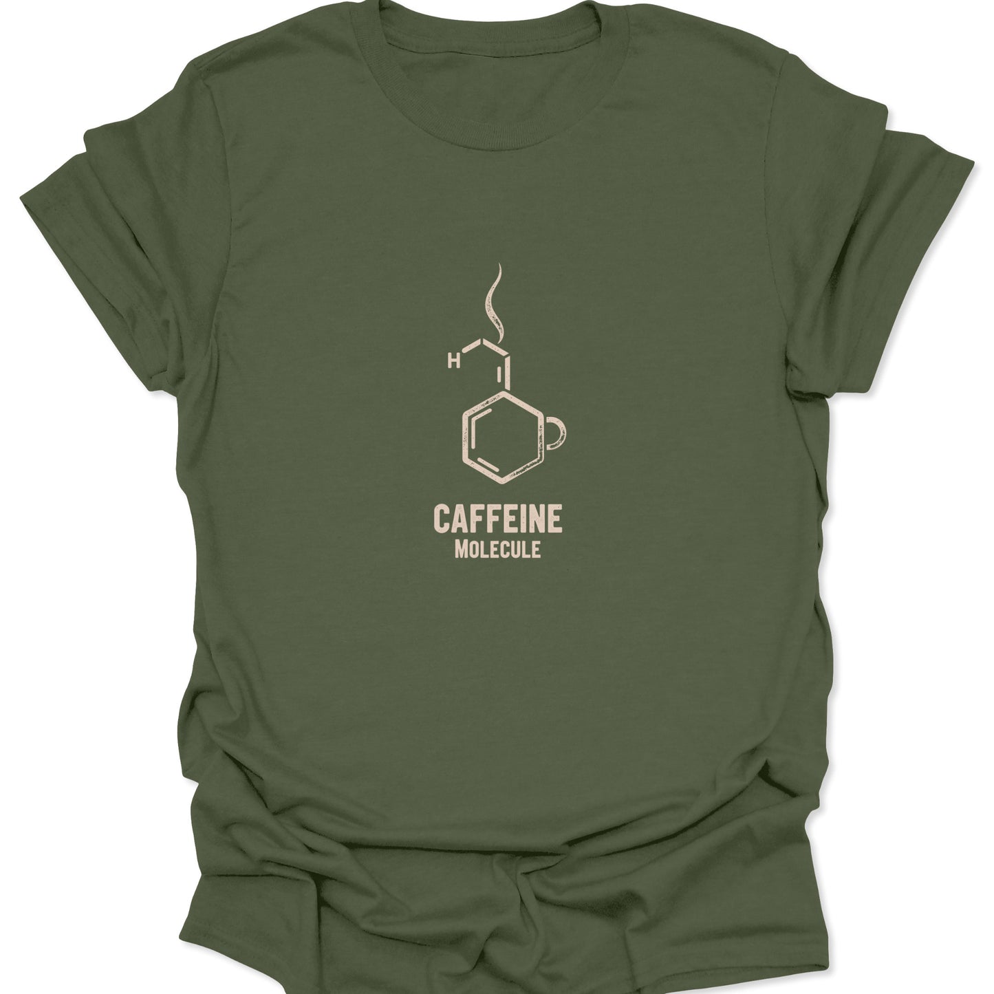 Caffeine Molecule t-shirt design for fitness and science fans; light-colored graphic shows the chemical structure and a coffee cup on a deep, subdued military green fabric.