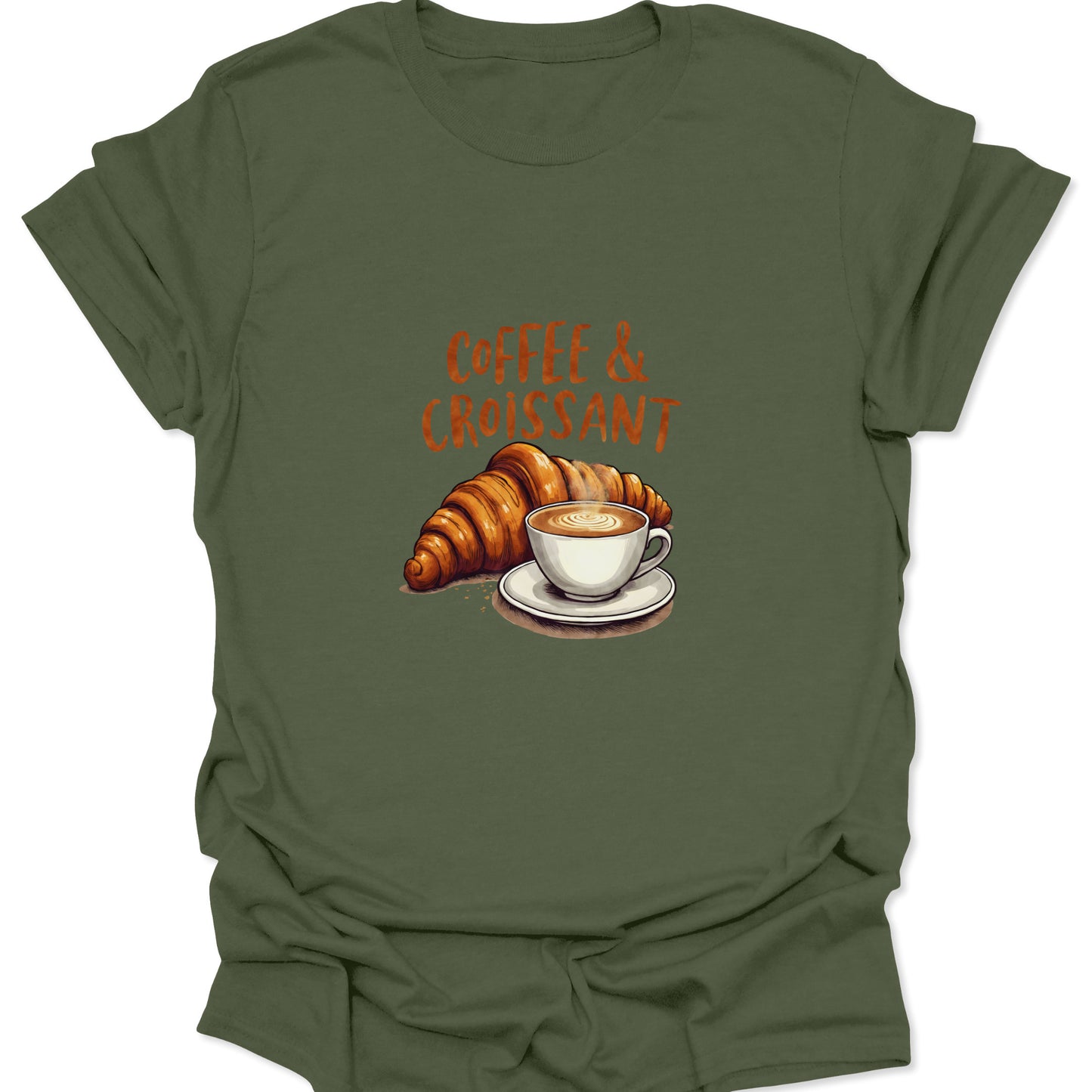 Military green t-shirt with a vintage-style illustration of a coffee beverage and a baked, flaky crescent roll pastry, captioned "COFFEE & CROISSANT."