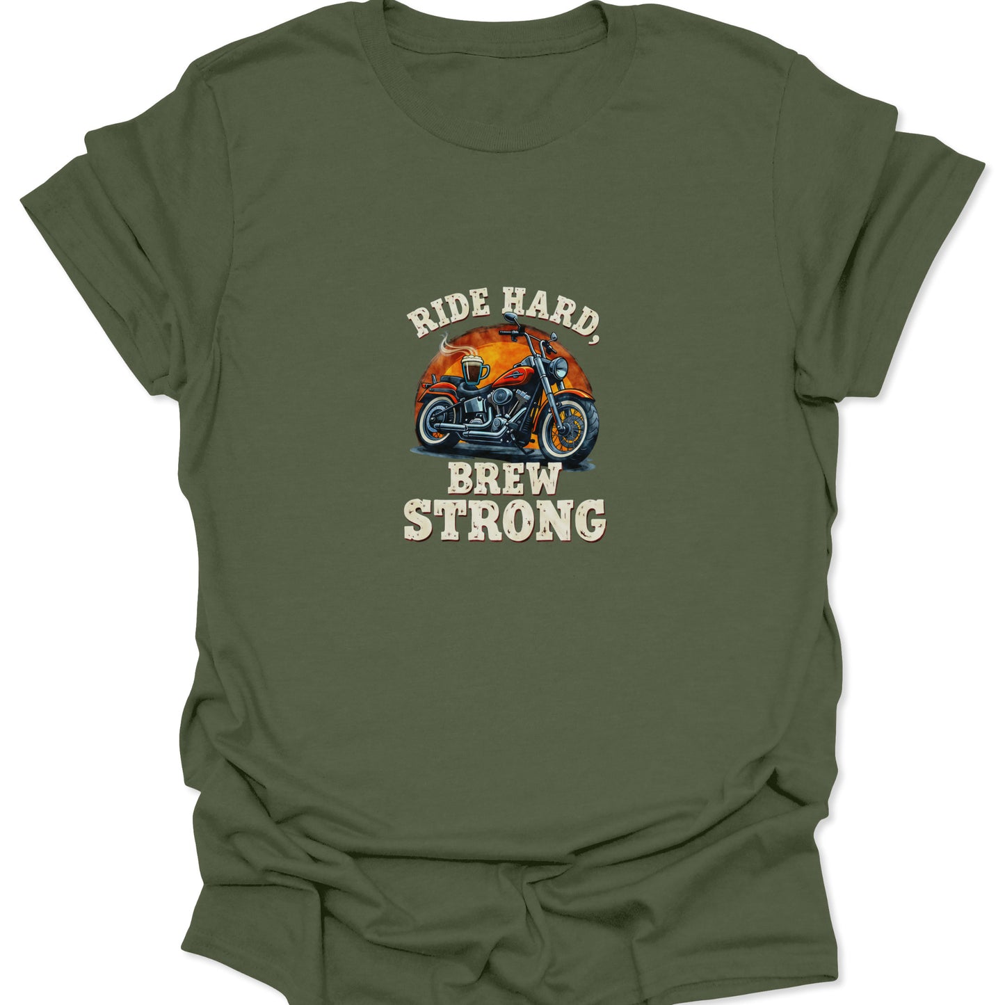 Full-color vintage cruiser with sunset glow and "RIDE HARD, BREW STRONG" design printed on a tactical military green graphic tee.