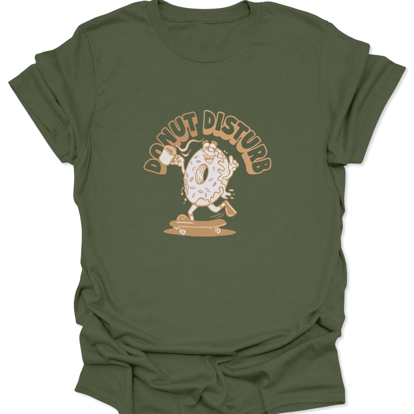 Graphic tee on olive green fabric featuring a cartoon donut character skateboarding with a coffee mug and "Donut Disturb" text in tan.