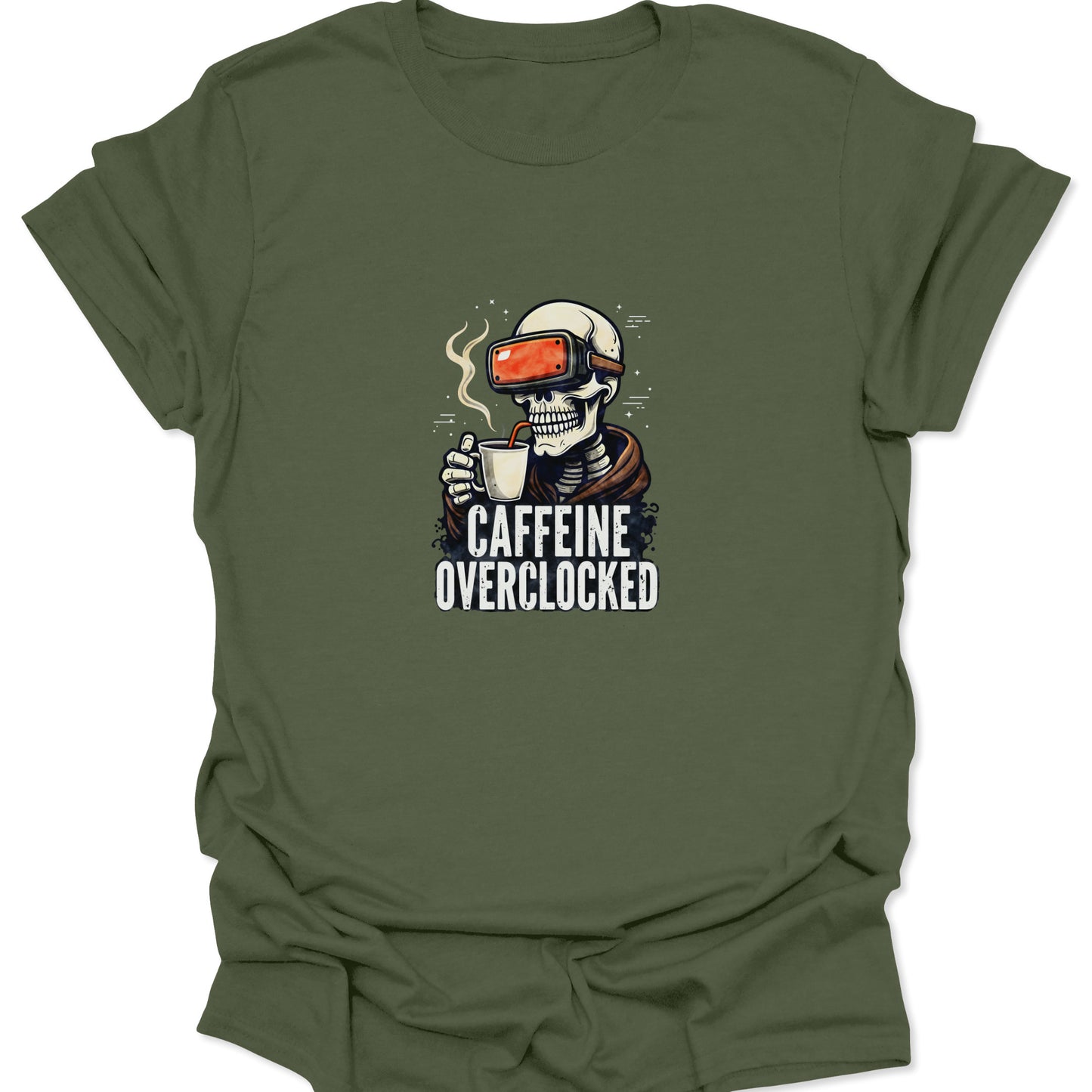 Military Green t-shirt displaying a skeleton in a VR headset drinking coffee, giving the design a tactical cyber-grunge aesthetic.