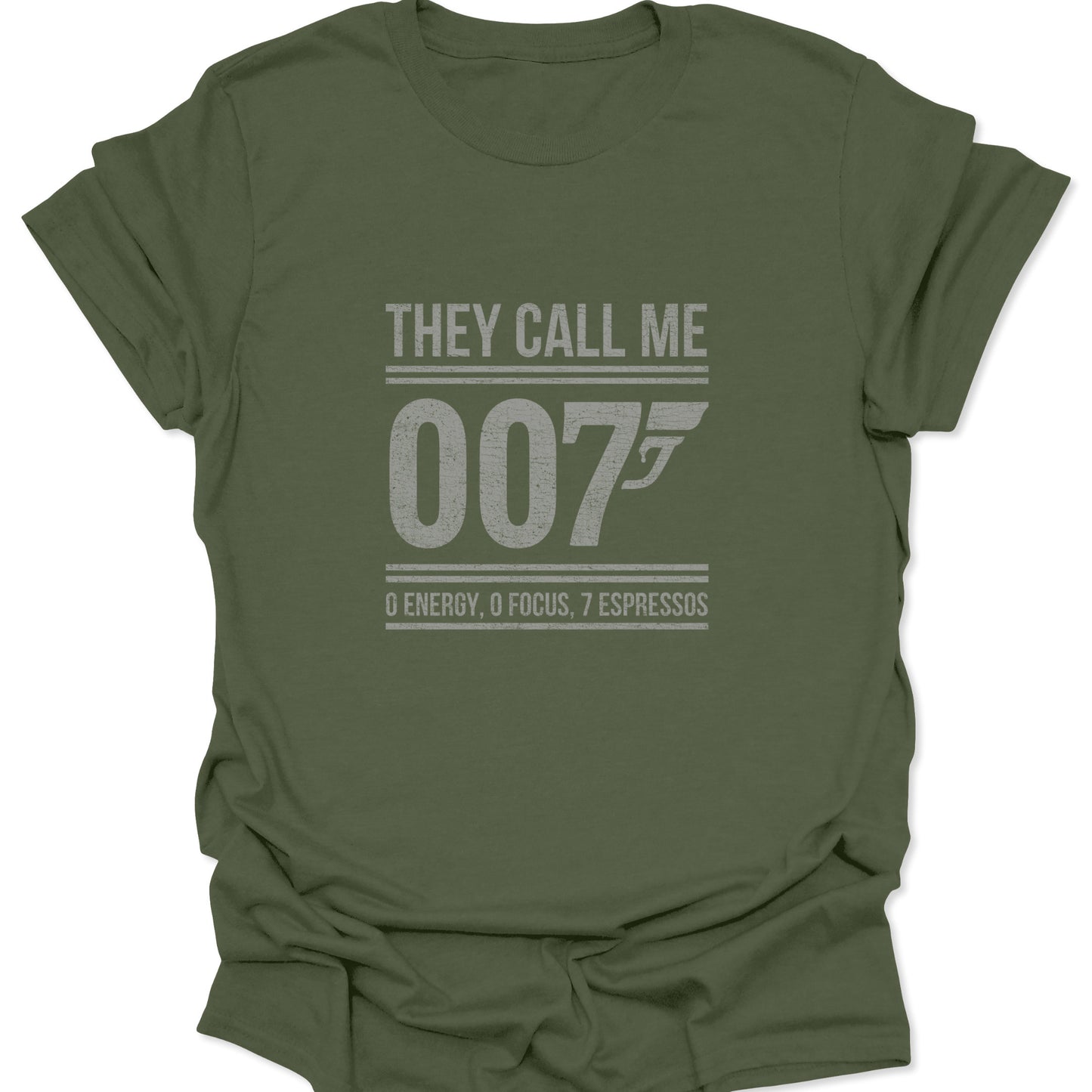 Tactical style coffee humor graphic with a pistol-shaped 7 printed on a military green t-shirt.