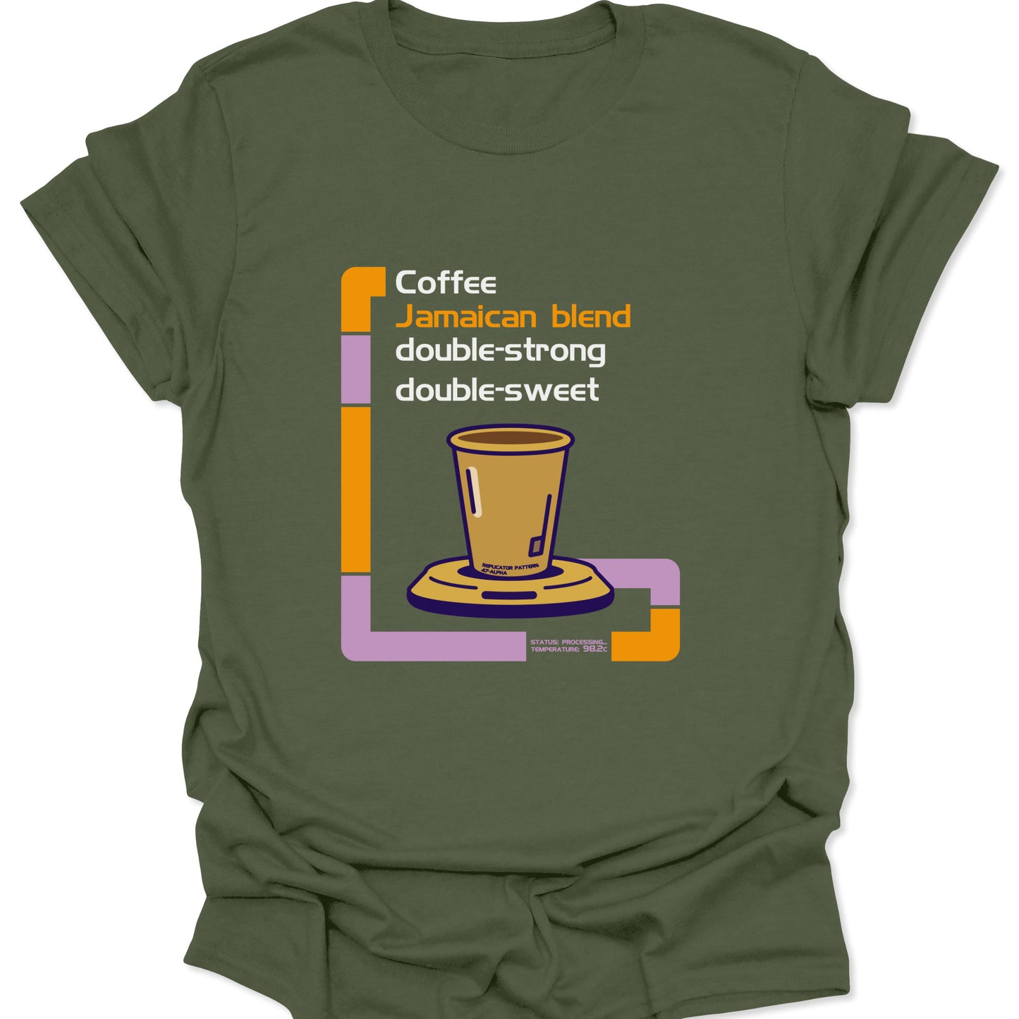 A military green graphic t-shirt showcasing a Starfleet-inspired replicator screen with text reading "Coffee Jamaican blend double-strong.