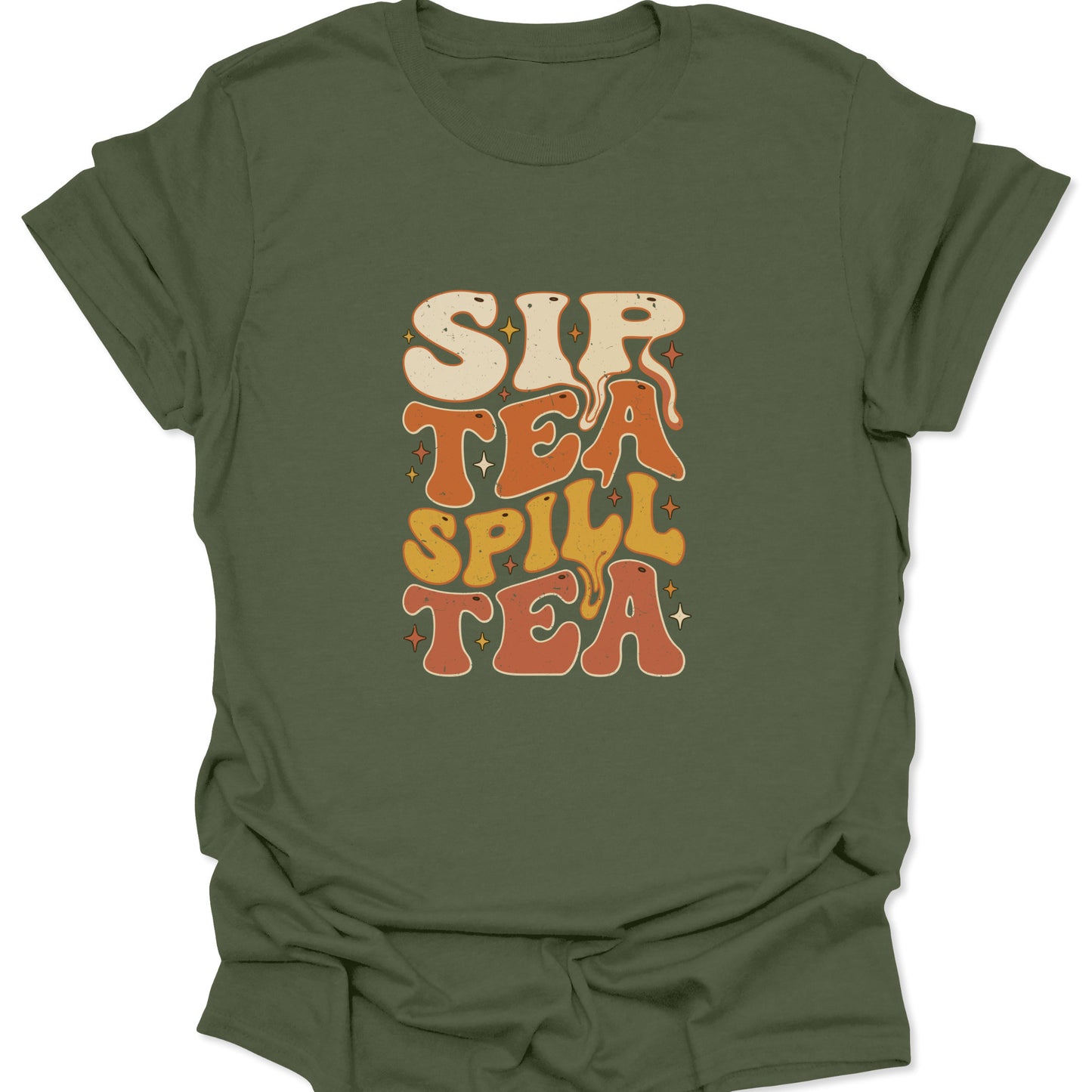 Graphic t-shirt on military green fabric with the "Sip Tea Spill Tea" melting text design, blending streetwear edge with retro cafe culture.