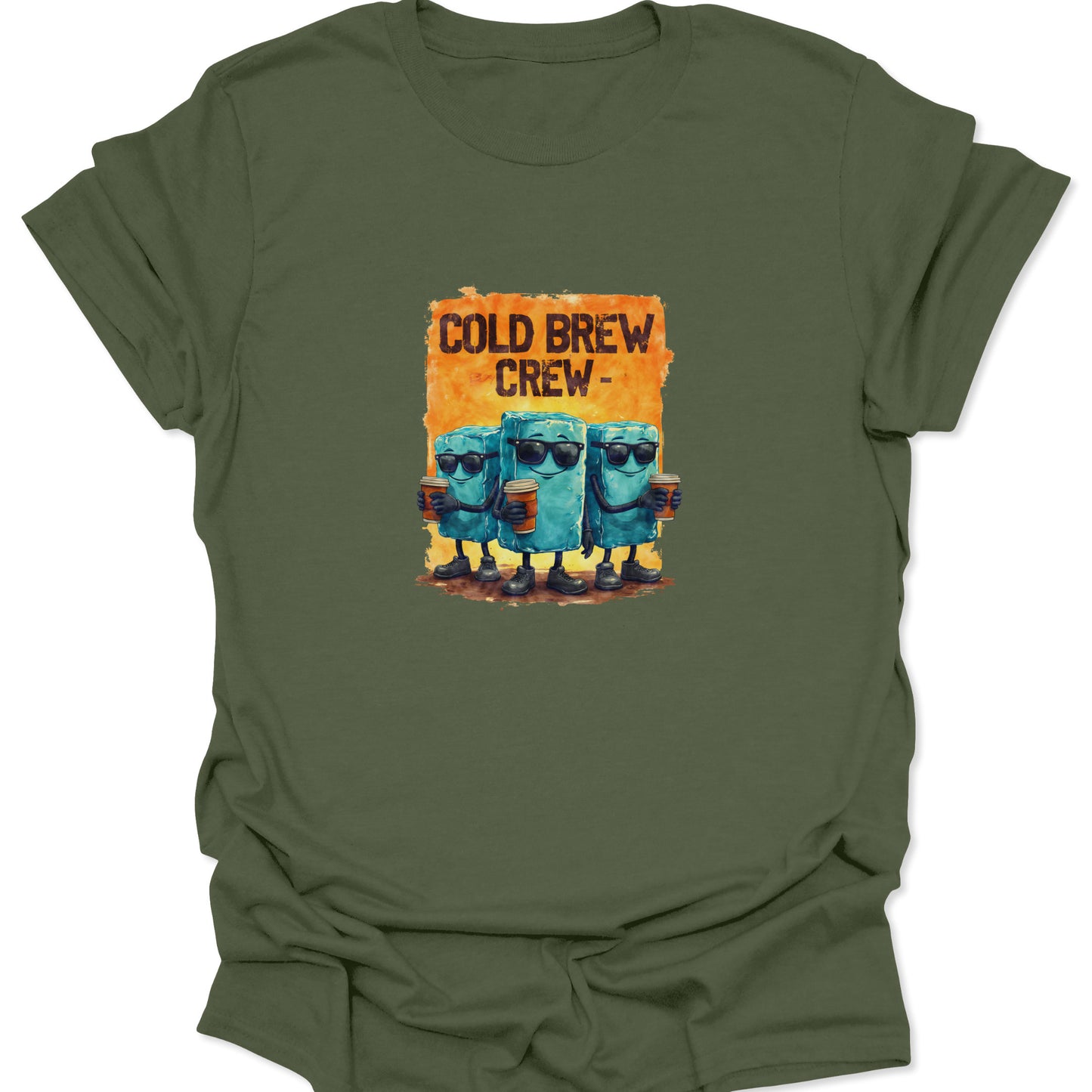 Military Green t-shirt featuring the cartoon-style Cold Brew Crew graphic. Three coffee cubes with sunglasses and a vintage, aggressive orange glow.