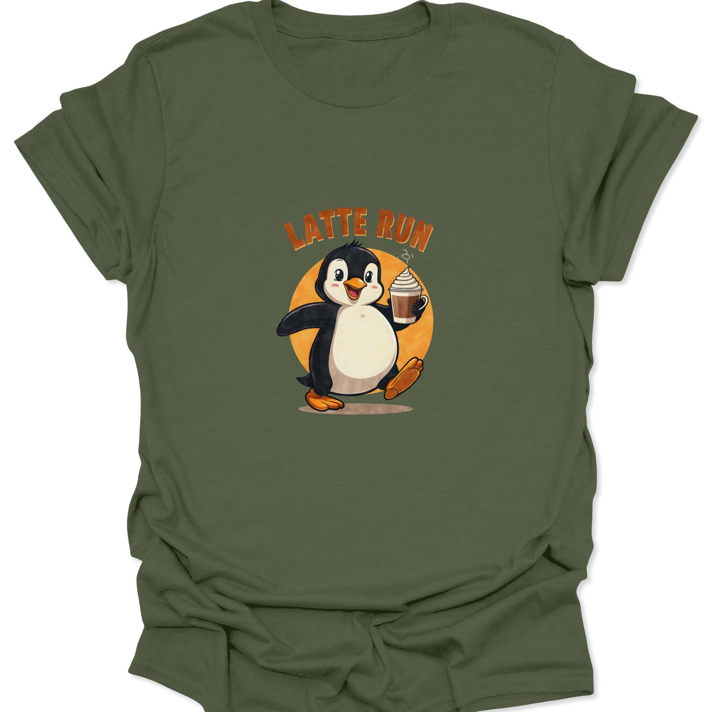 Military green graphic t-shirt showing a cute, chubby penguin marching with a hot, frothy coffee cup.