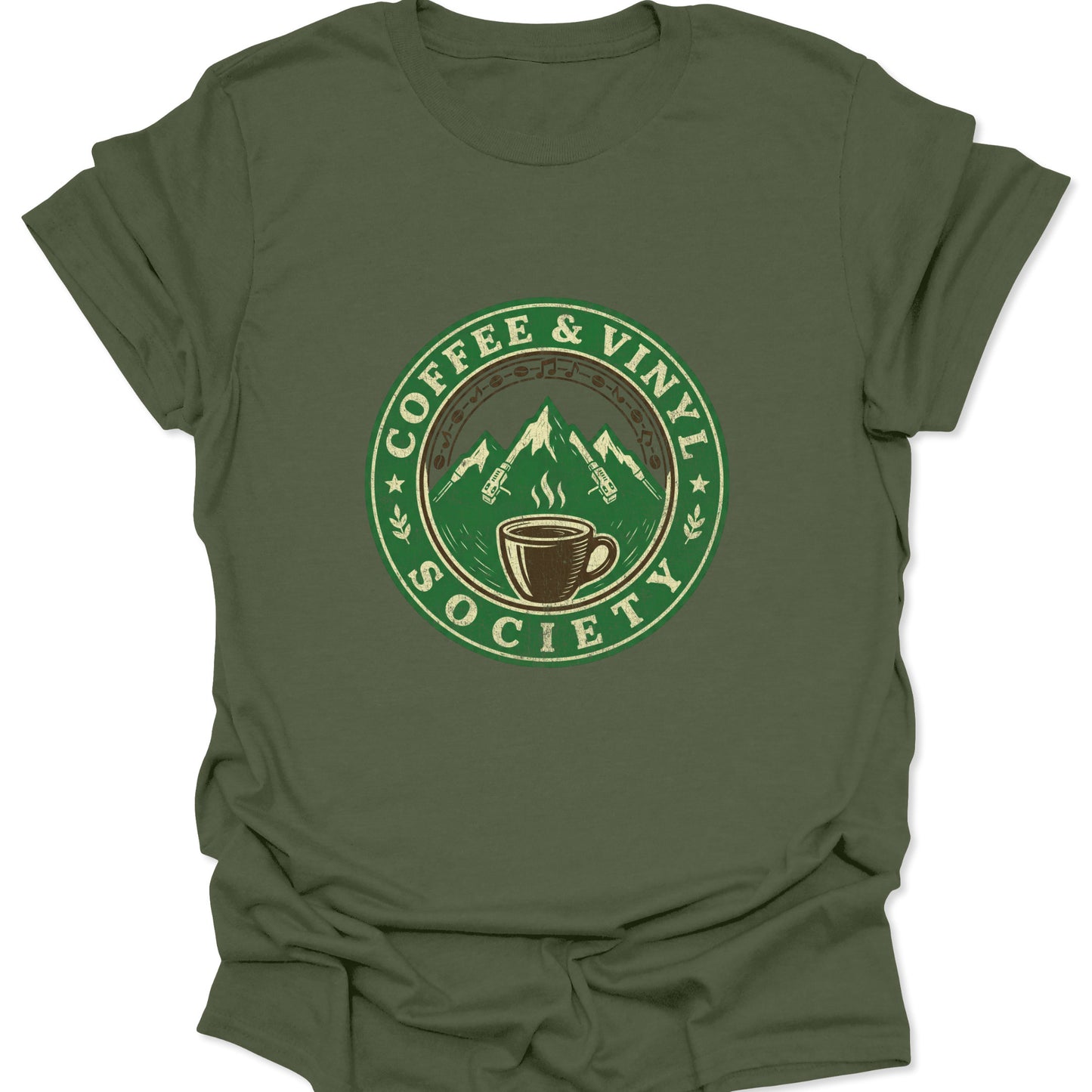 Military Green shirt blending seamlessly with a forest green circular graphic featuring a coffee mug and vinyl record player components forming a mountain range.