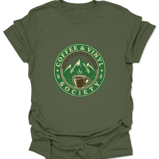 Military Green shirt blending seamlessly with a forest green circular graphic featuring a coffee mug and vinyl record player components forming a mountain range.