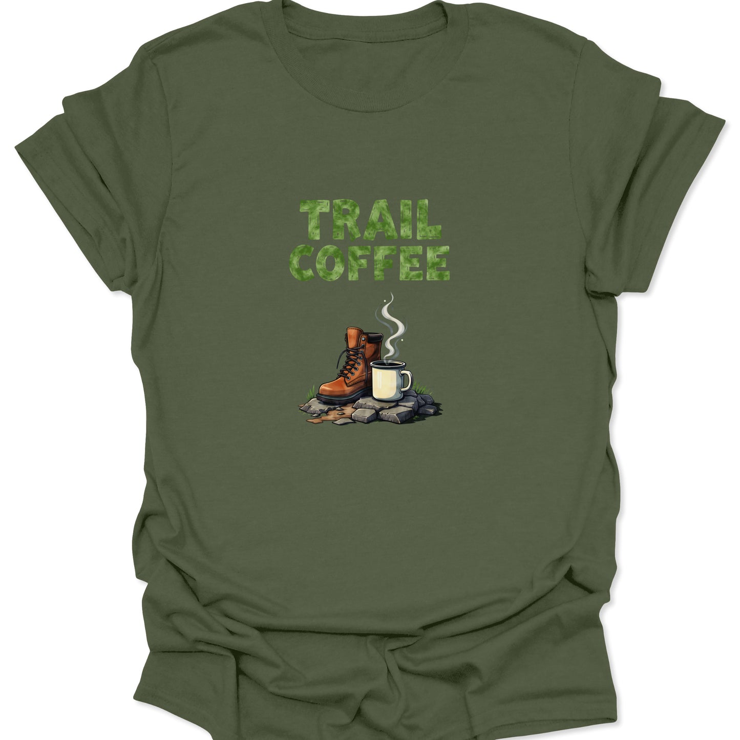 Olive-green shirt with slightly darker green TRAIL COFFEE text centered above a camp scene graphic of a boot and a hot beverage on a pile of stones.