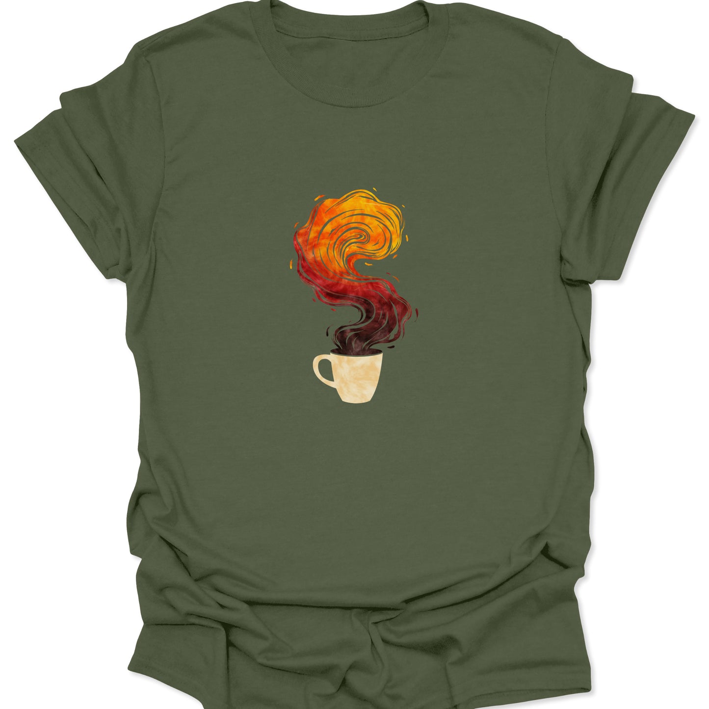Coffee and fire-vortex graphic on a military green tee. The steam is rendered in vivid reds, oranges, and gold, suggesting a contained explosion.