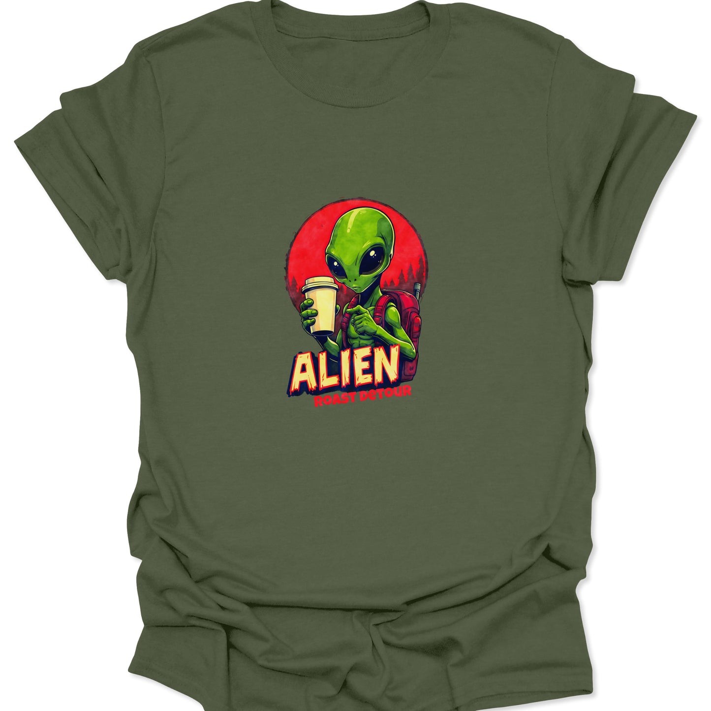 Military green t-shirt with the bold, high-contrast illustration of a small green alien sipping coffee, perfect for fans of cross-niche cosmic humor.