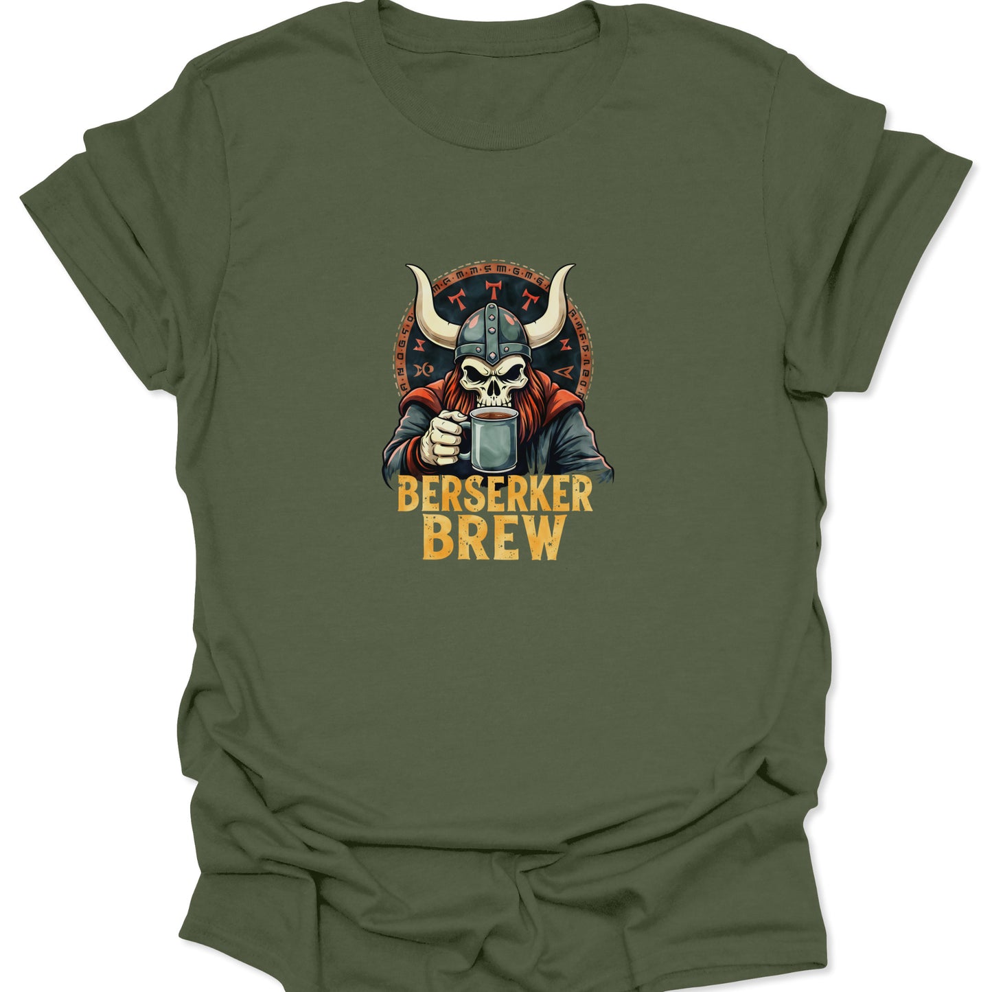 Gothic, aggressive coffee-themed design with a runic circle background and skull graphic, ideal for military green apparel.