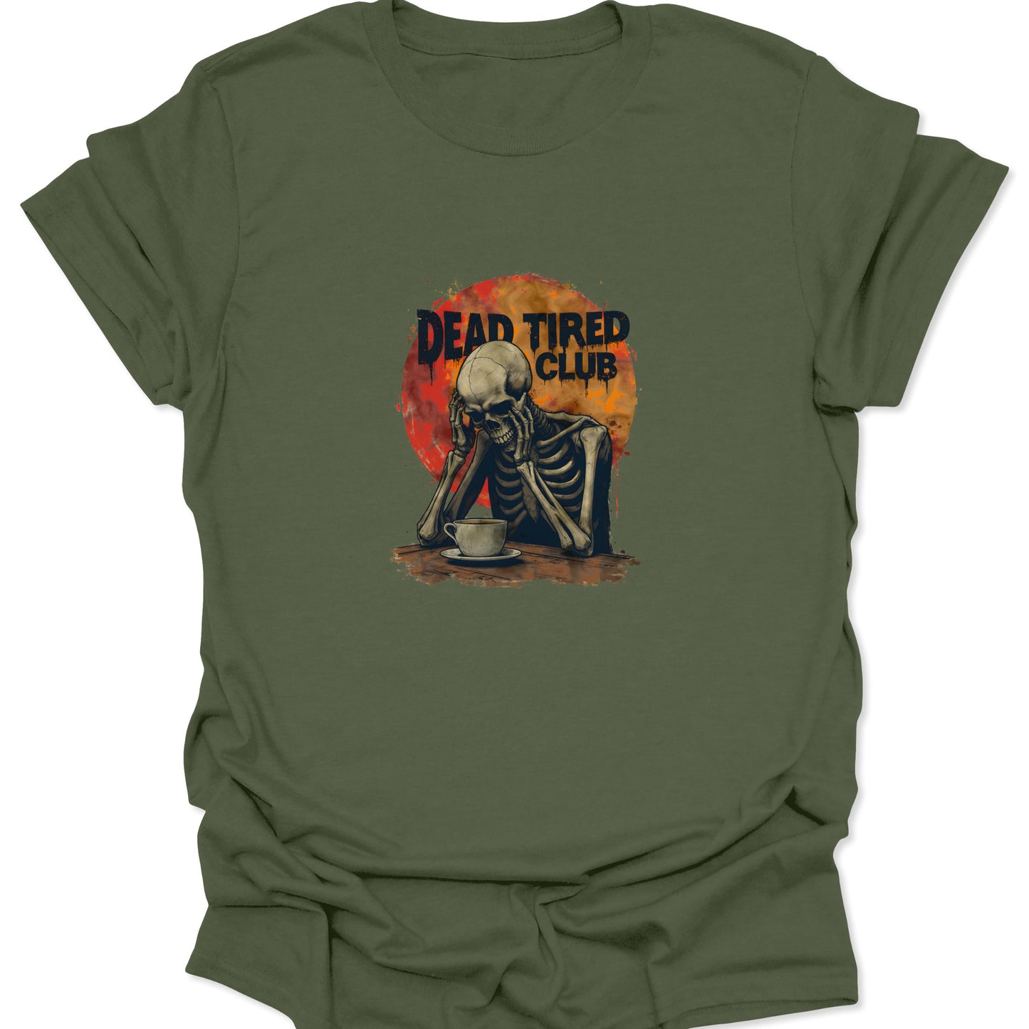 Military green t-shirt displaying the full-color, distressed skeleton graphic leaning over a coffee cup; a perfect shirt for the chronically tired coffee addict.