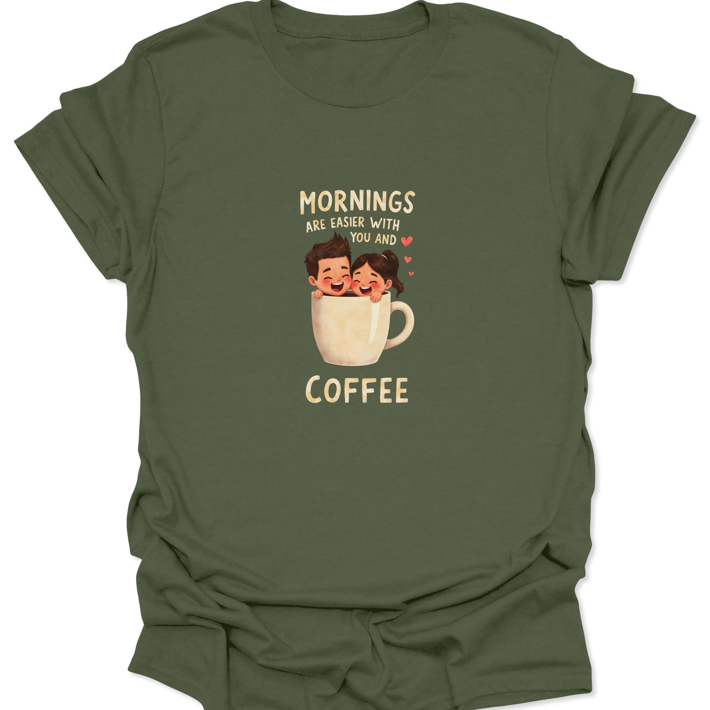 Military green t-shirt with a vintage-style graphic of a cartoon duo in a mug. Aggressively cute coffee relationship shirt.